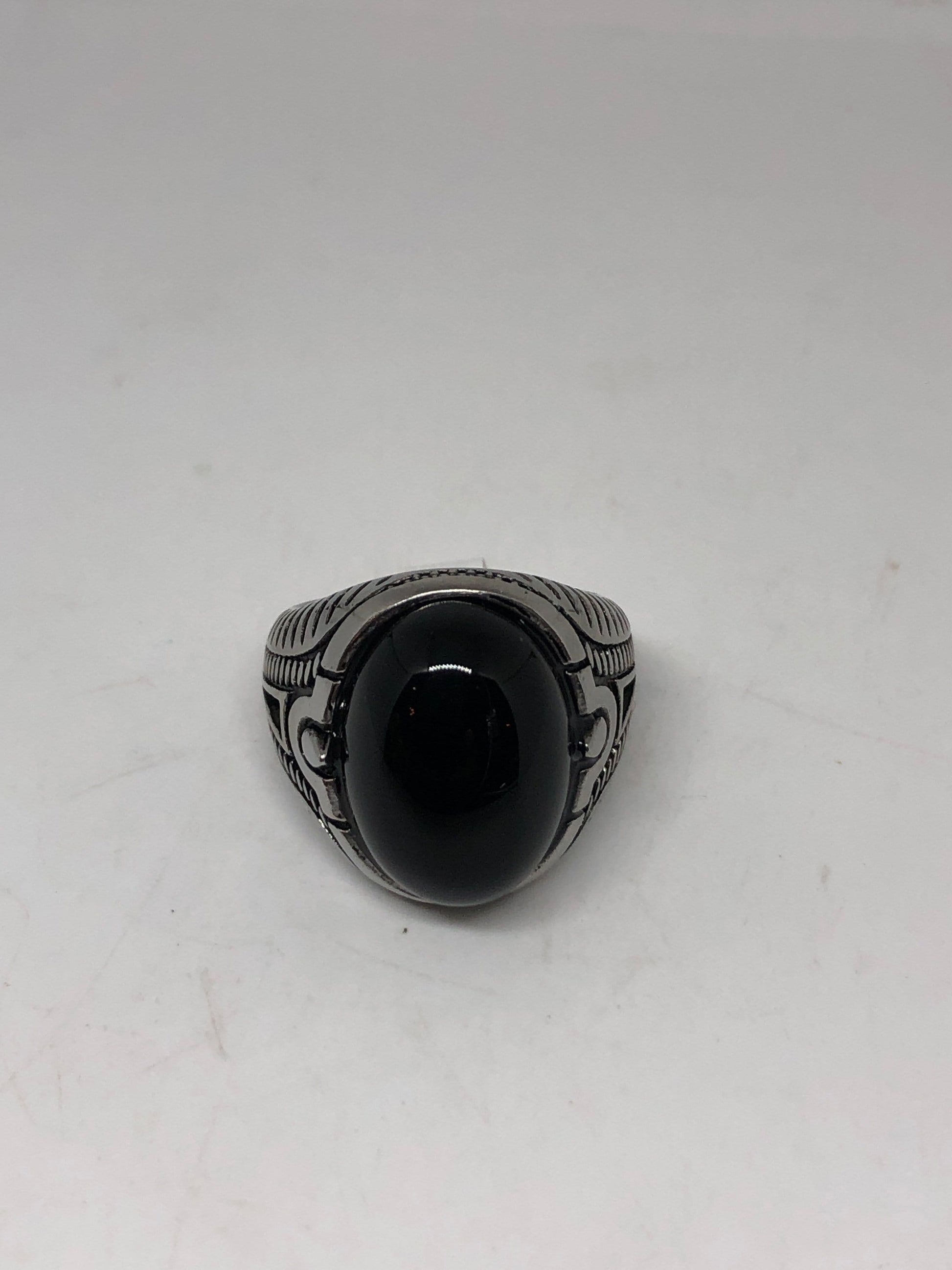 Vintage Gothic Black Onyx Egyptian Stainless Steel Mens Ring