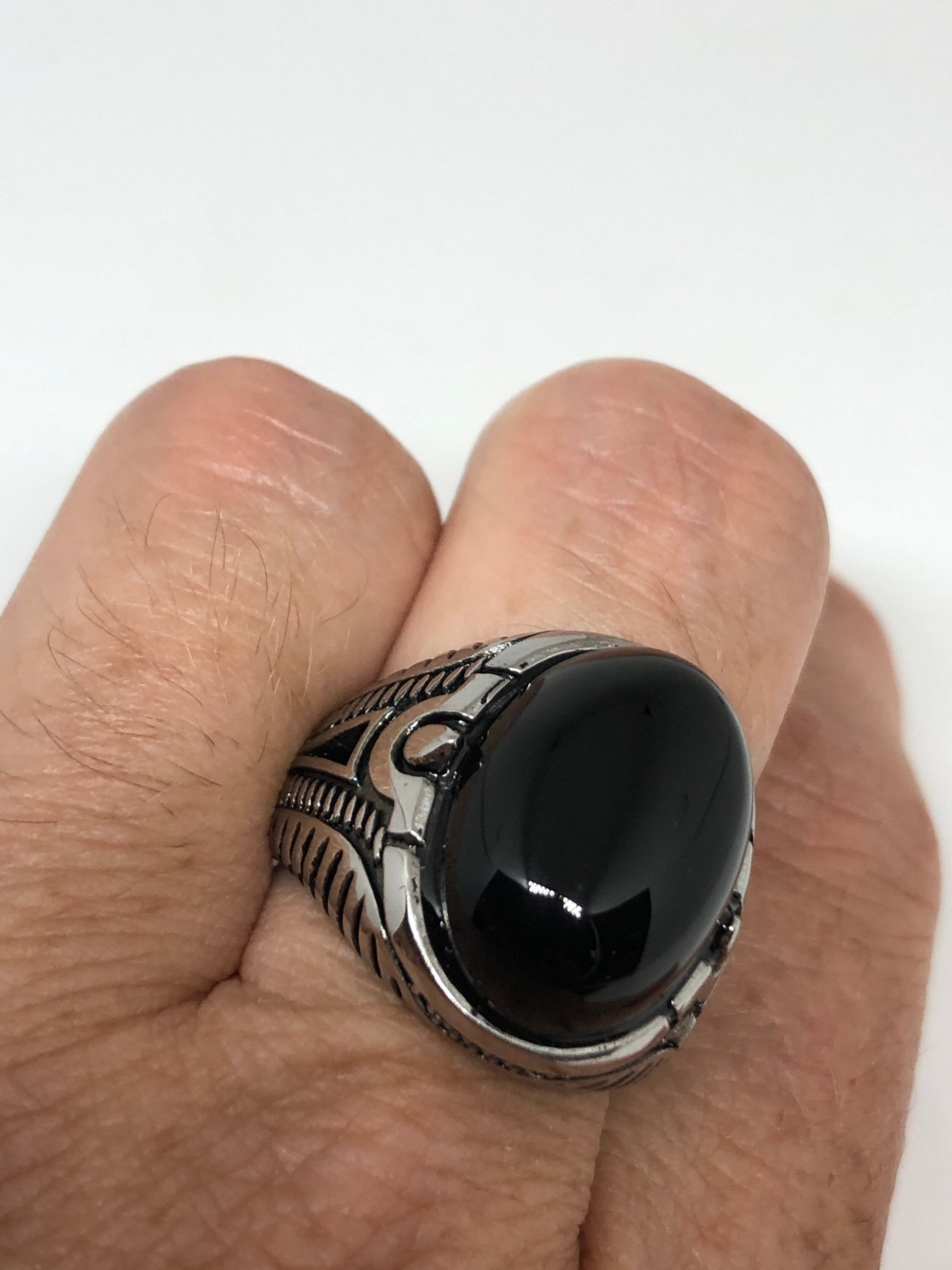 Vintage Gothic Black Onyx Egyptian Stainless Steel Mens Ring