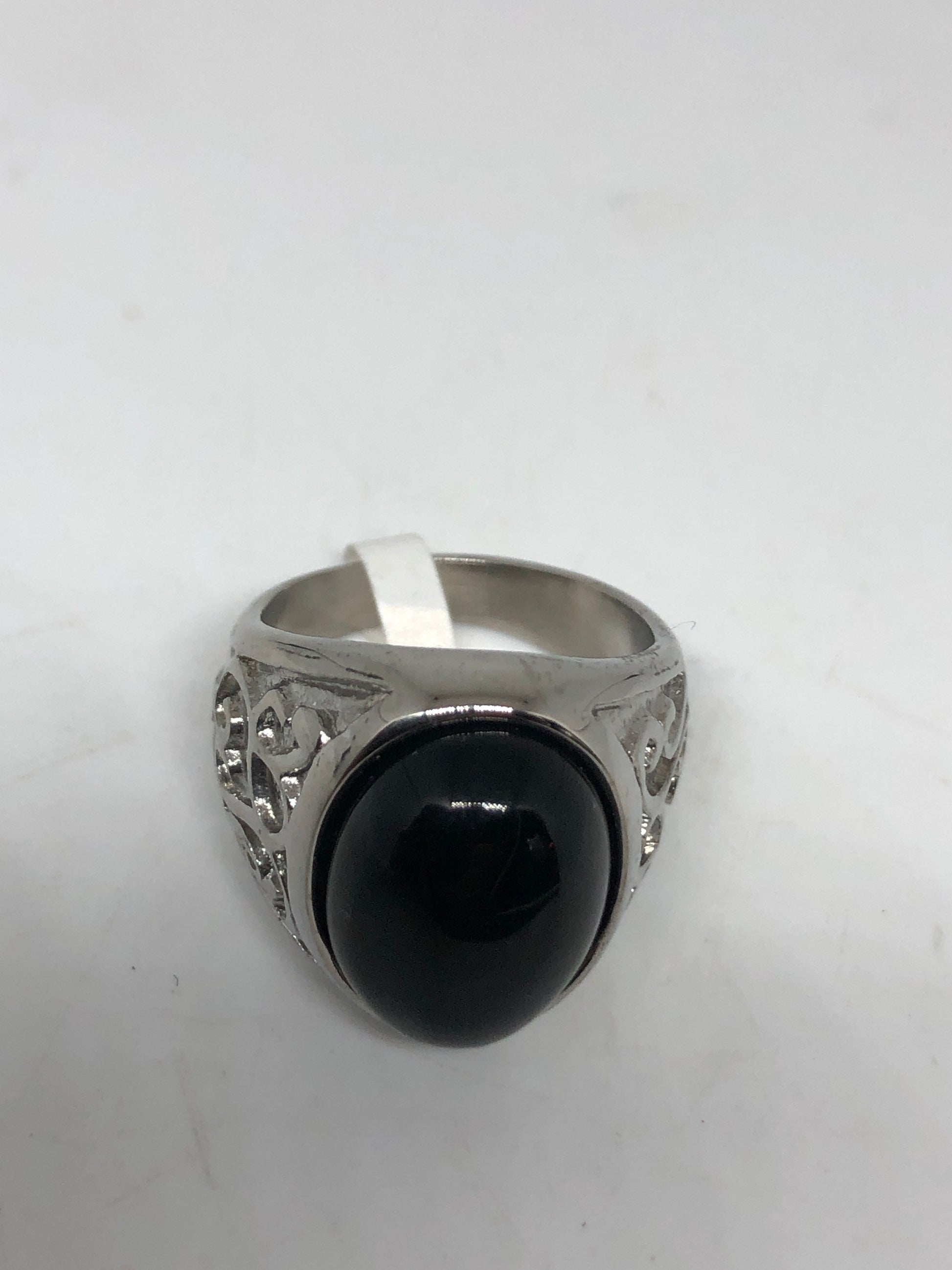 Vintage Gothic Black Onyx Egyptian Stainless Steel Mens Ring