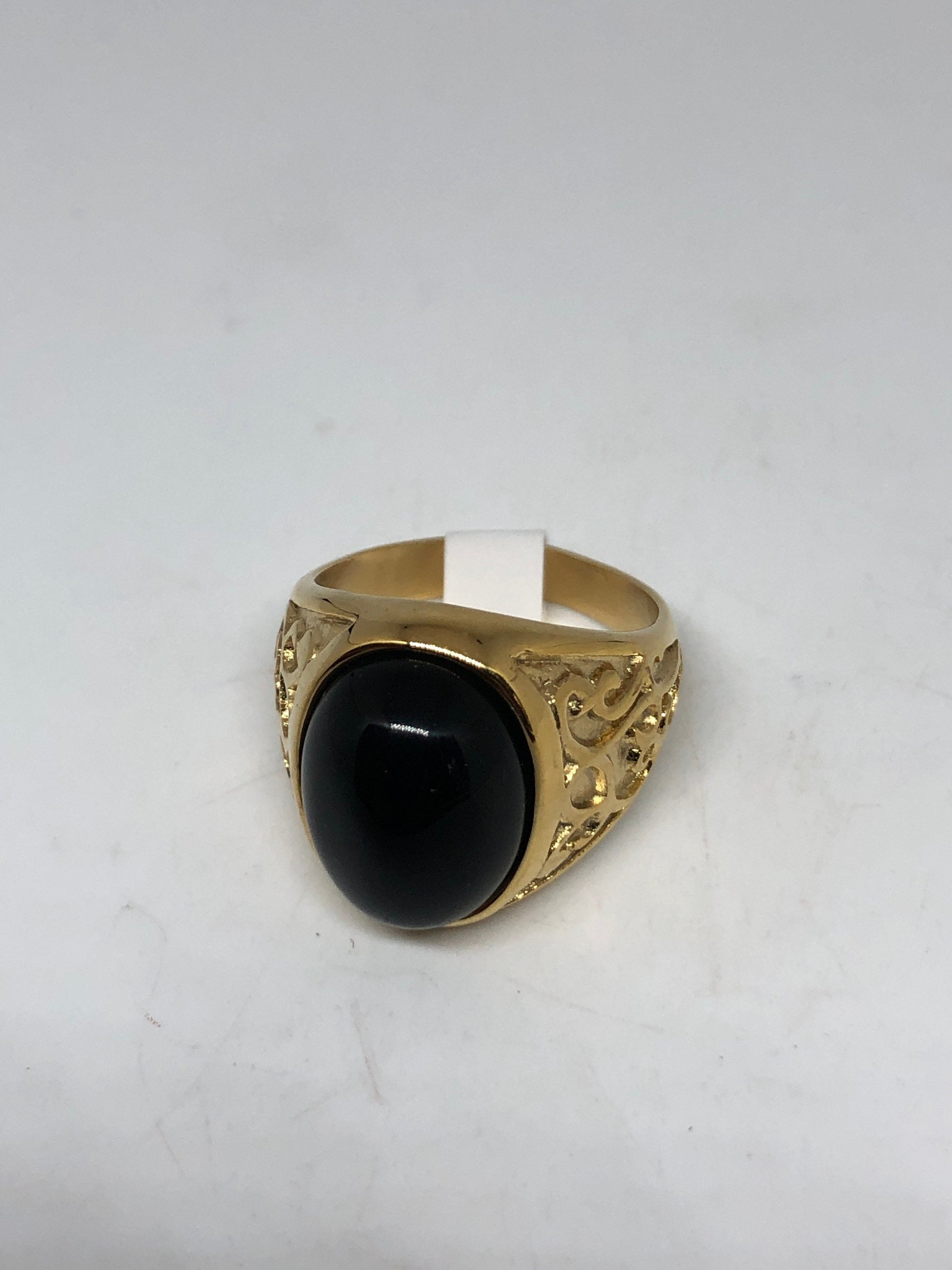 Vintage Gothic Black Onyx Egyptian Golden Stainless Steel Mens Ring