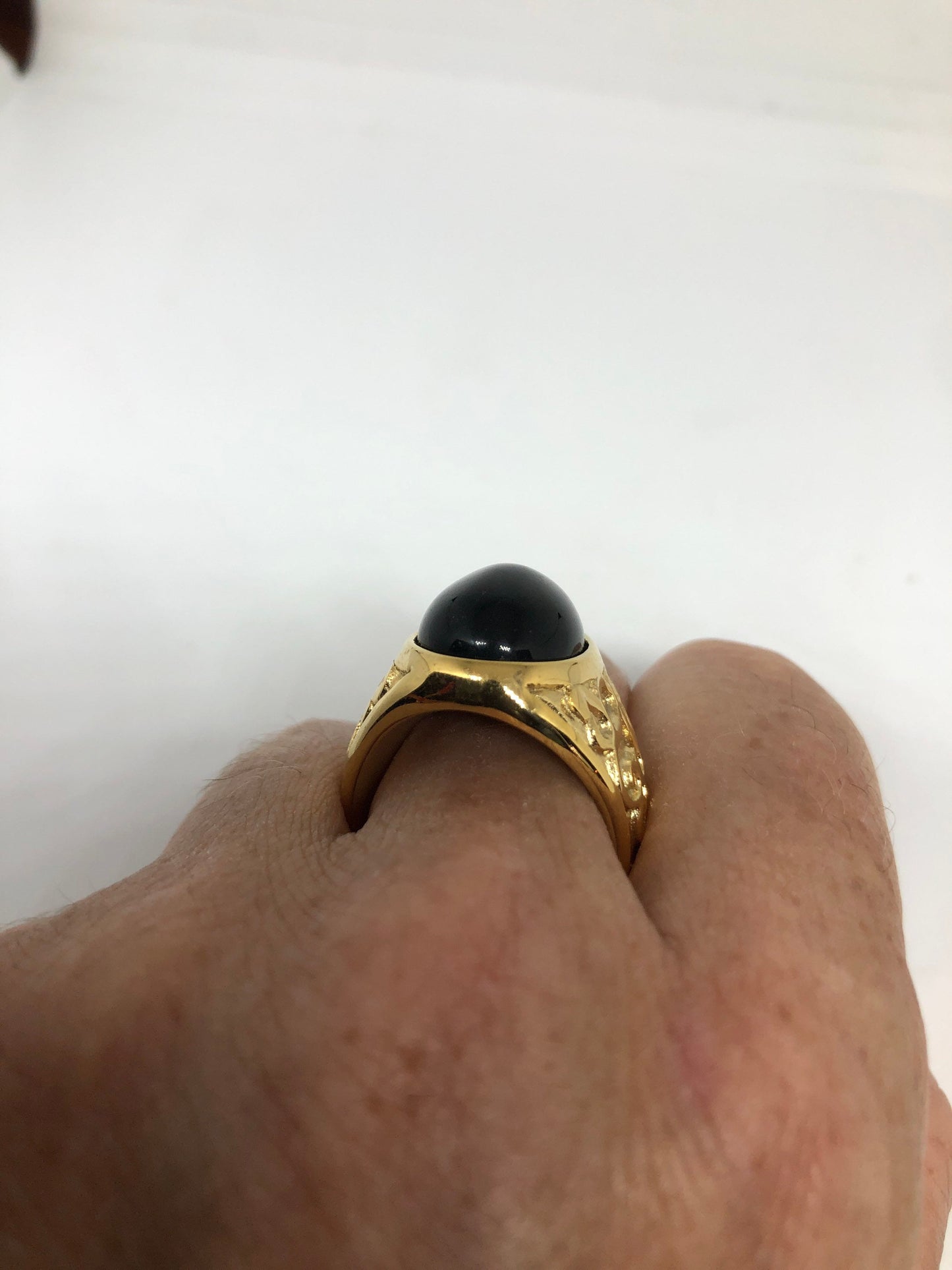 Vintage Gothic Black Onyx Egyptian Golden Stainless Steel Mens Ring