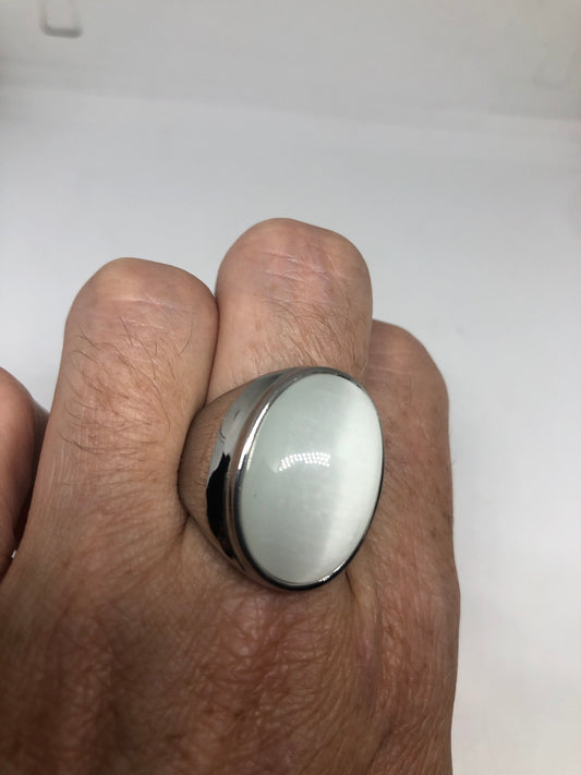 Vintage White Cats Eye Glass Mens Ring Stainless Steel