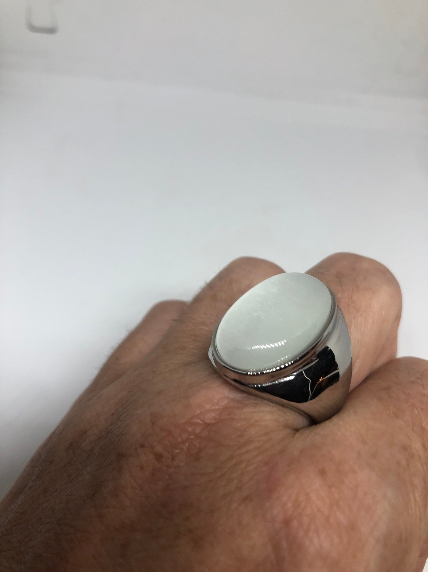 Vintage White Cats Eye Glass Mens Ring Stainless Steel