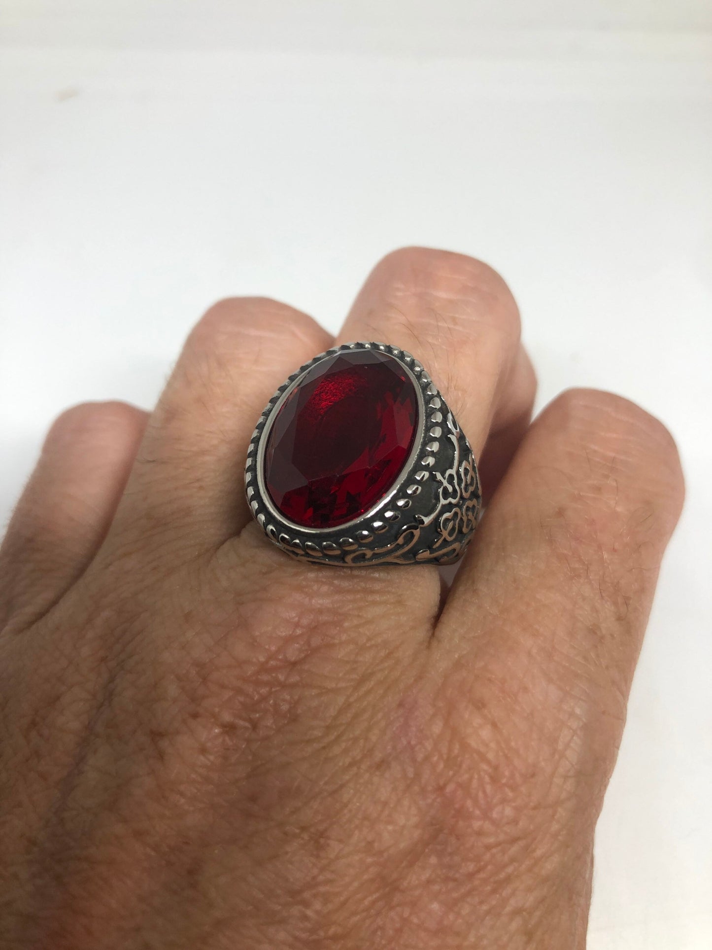 Vintage Red Ruby Glass Mens Ring Stainless Steel