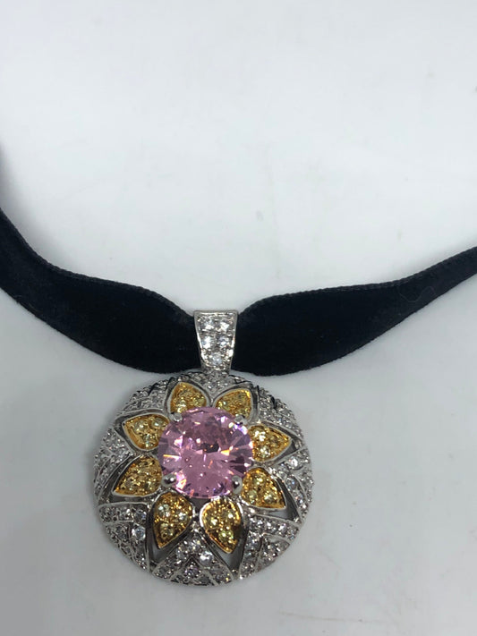 Vintage Pink CZ Choker Sterling Silver Citrine Pendant Necklace