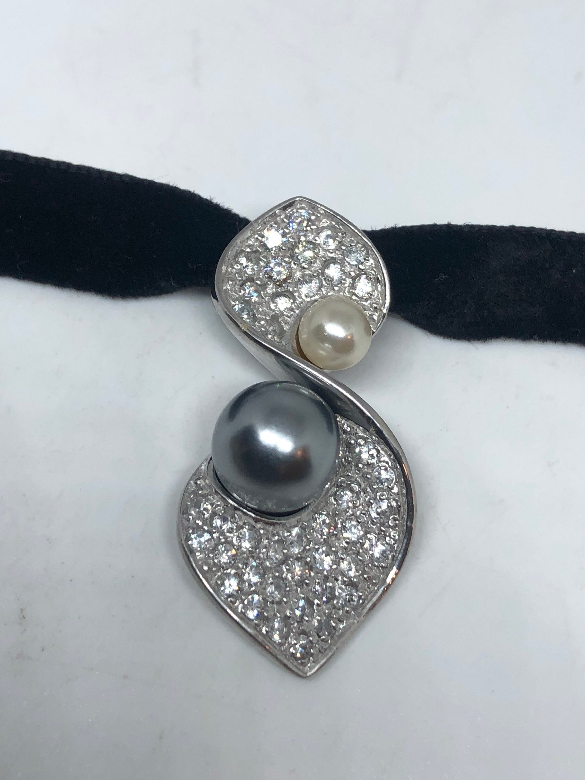 Vintage White Sapphire Pearl Choker 925 Sterling Silver Deco Pendant Necklace
