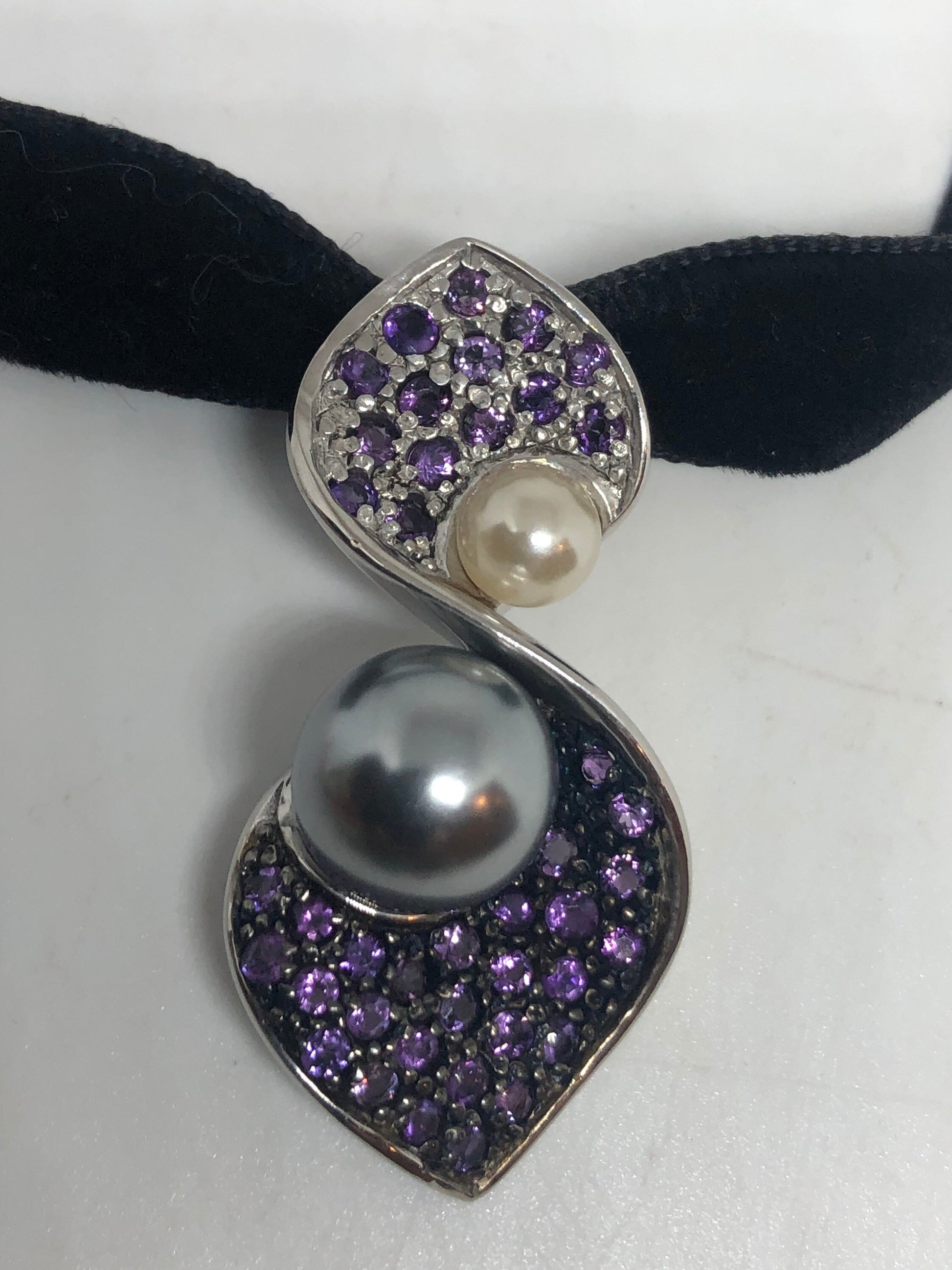 Vintage Amethyst Pearl Choker 925 Sterling Silver Deco Pendant Necklace