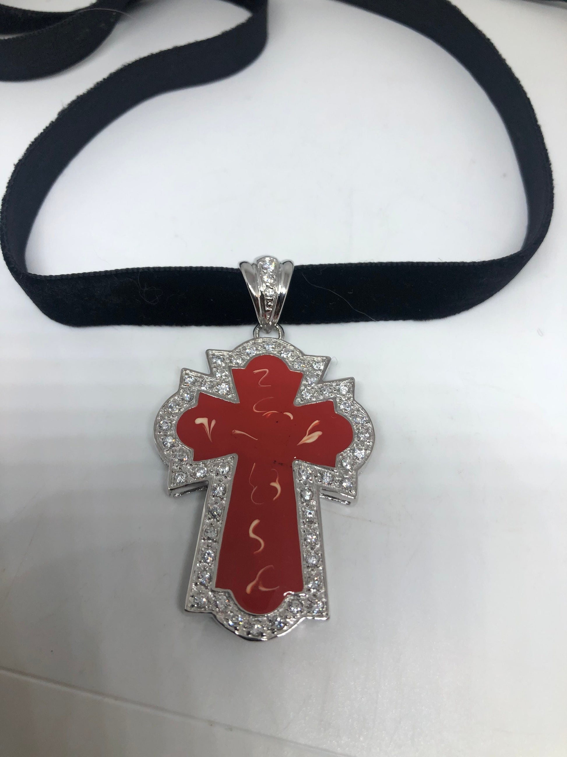 Vintage Cross Necklace, Sterling Silver Resin Choker