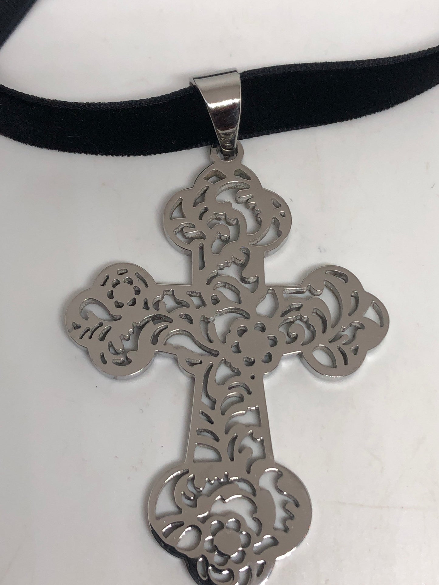 Large Handmade Vintage Silver Stainless Steel Cross Pendant Necklace