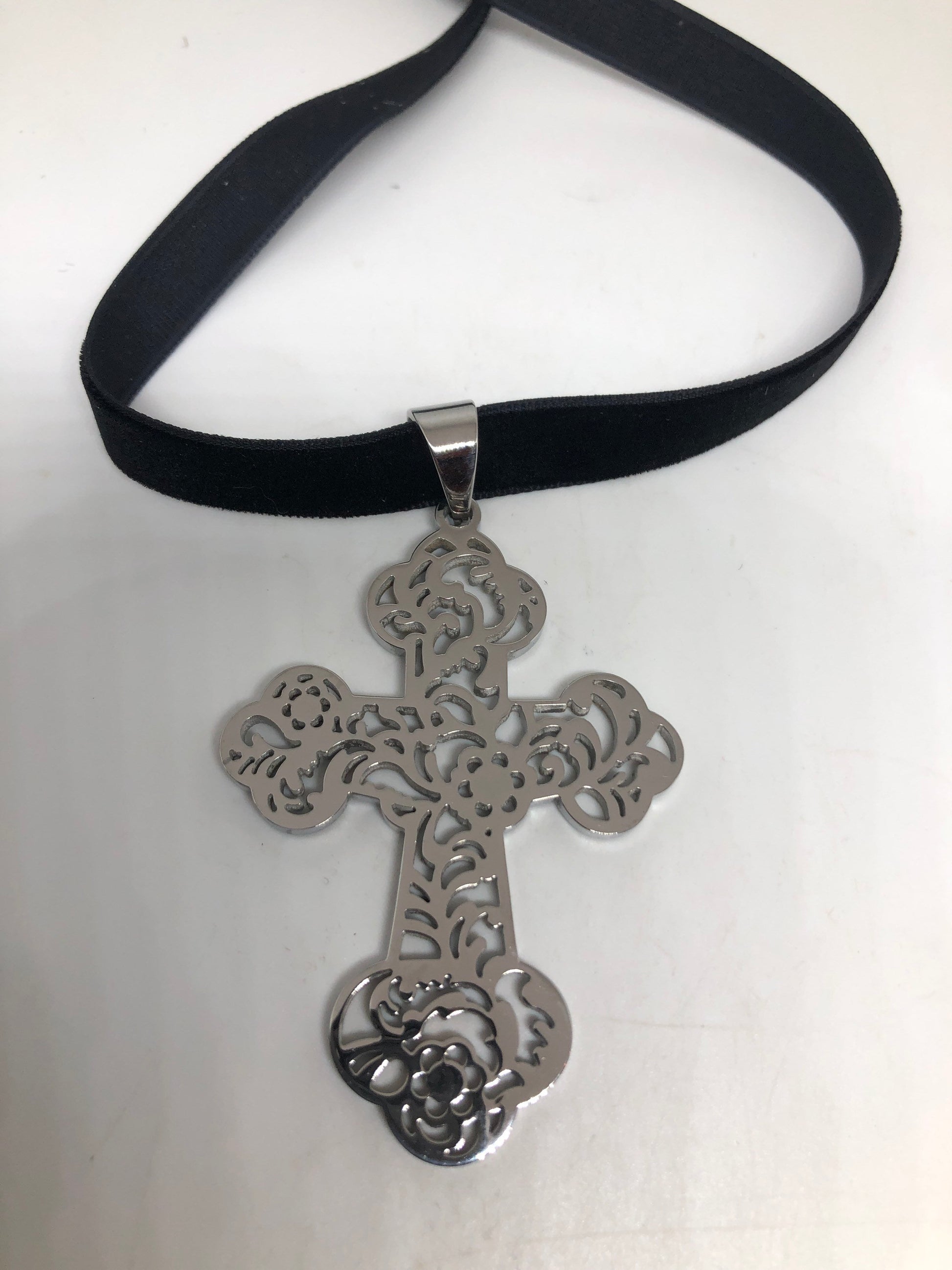 Large Handmade Vintage Silver Stainless Steel Cross Pendant Necklace