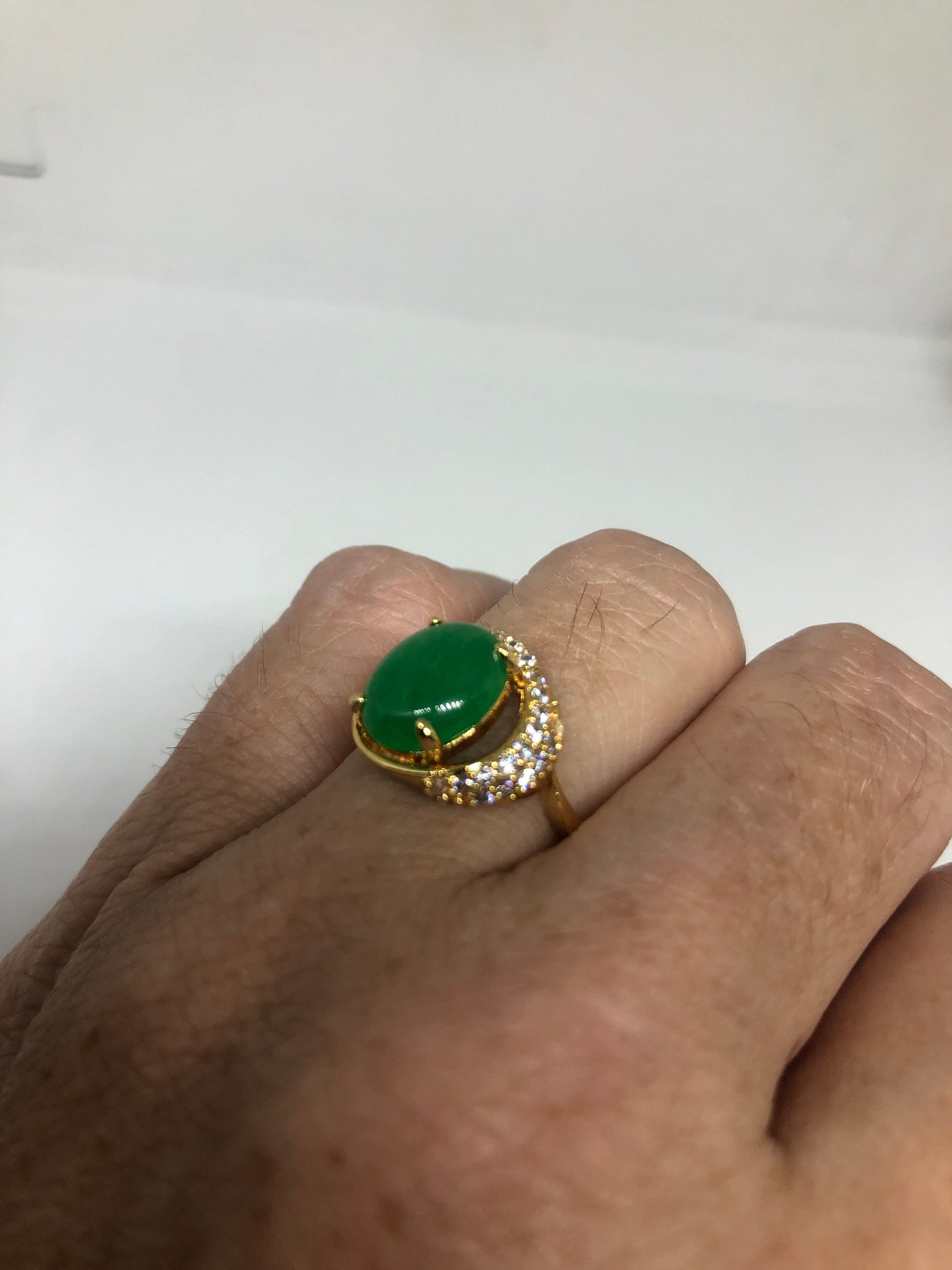 Vintage Lucky Green Nephrite Jade Gold Filled Cocktail Ring