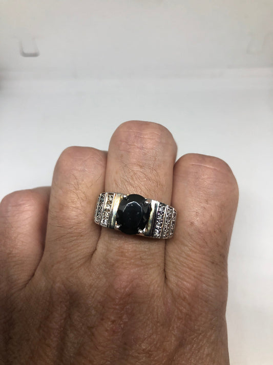 Vintage Black Onyx Clear White Sapphire 925 Sterling Silver Cocktail Ring Size 8.25