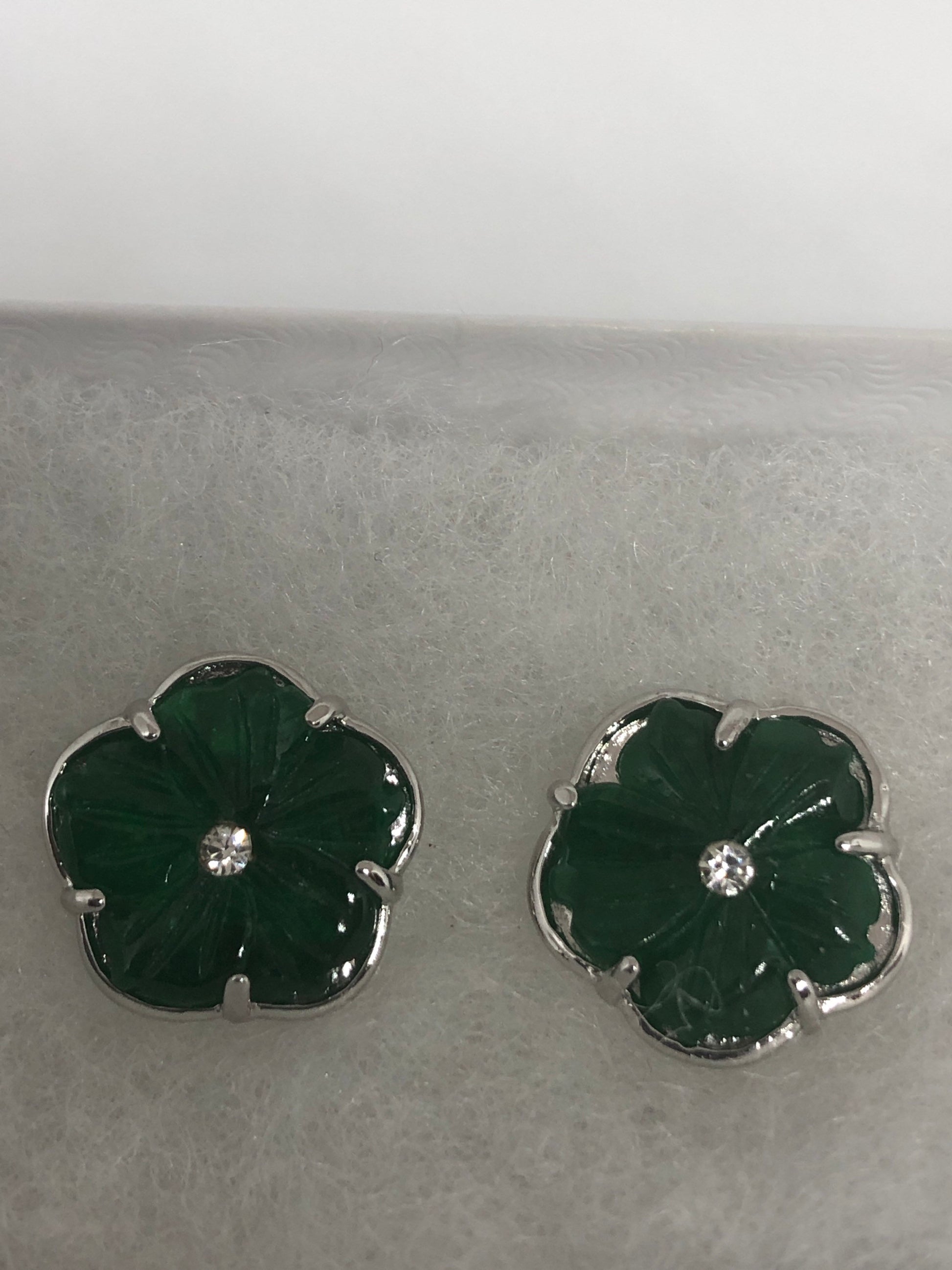 Vintage Green Jade Flower Earrings Stud Button