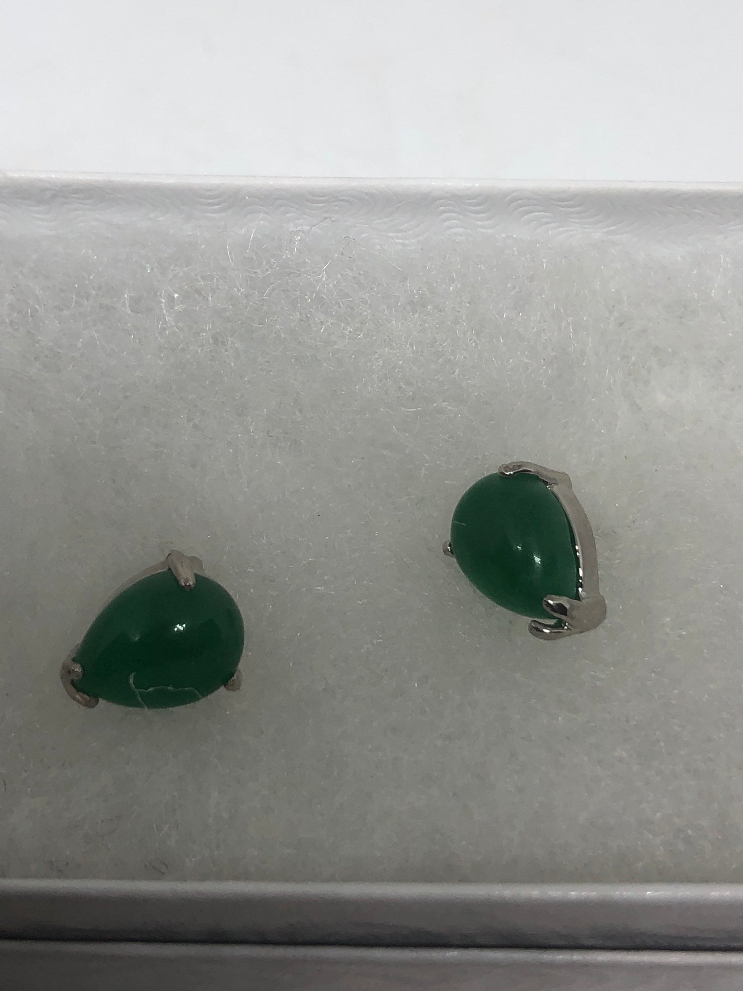 Vintage Fun Green Jade Gemstone Silver Bronze Stud Earrings