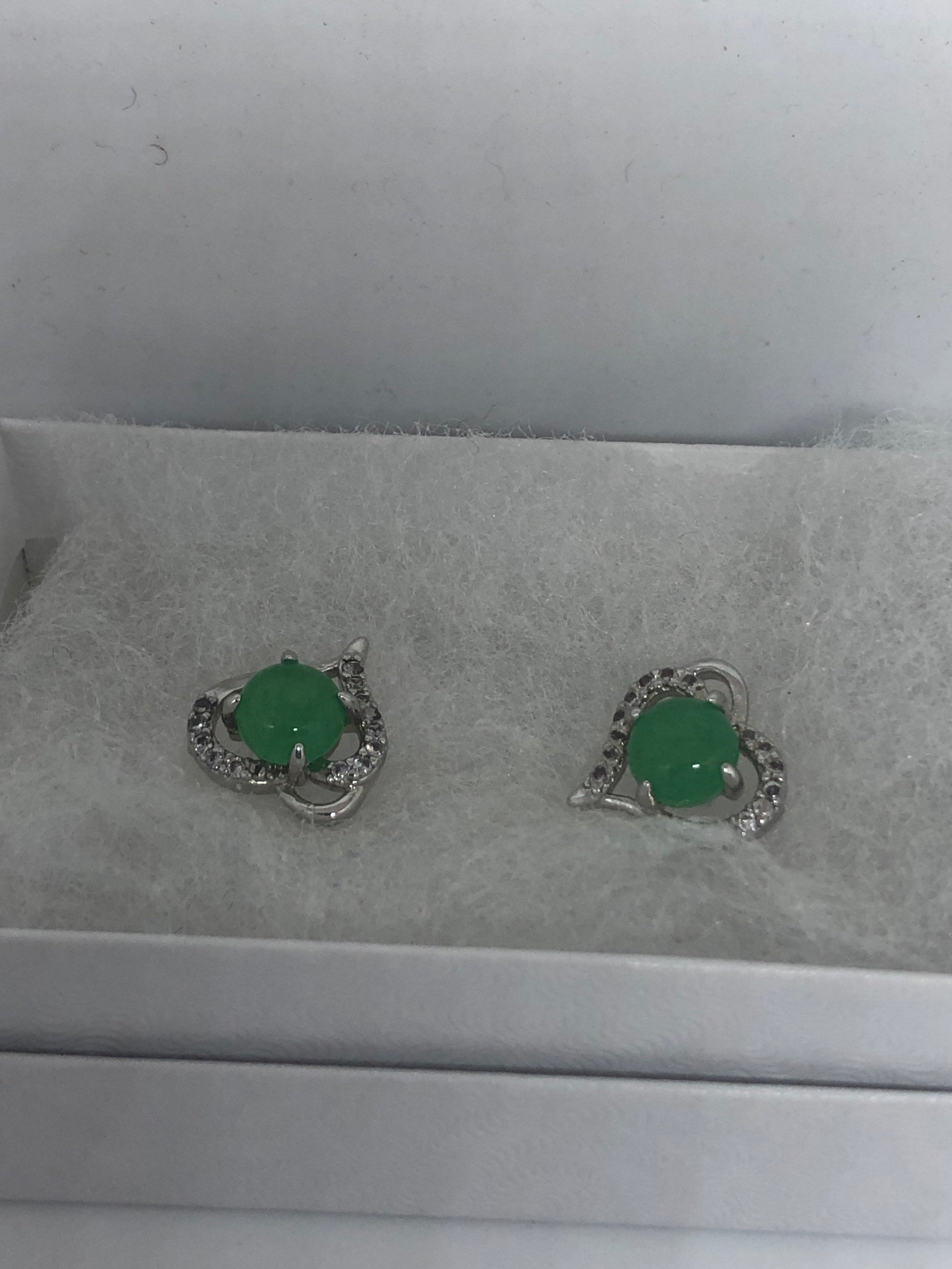 Vintage Fun Green Jade Gemstone Silver Bronze Stud Earrings