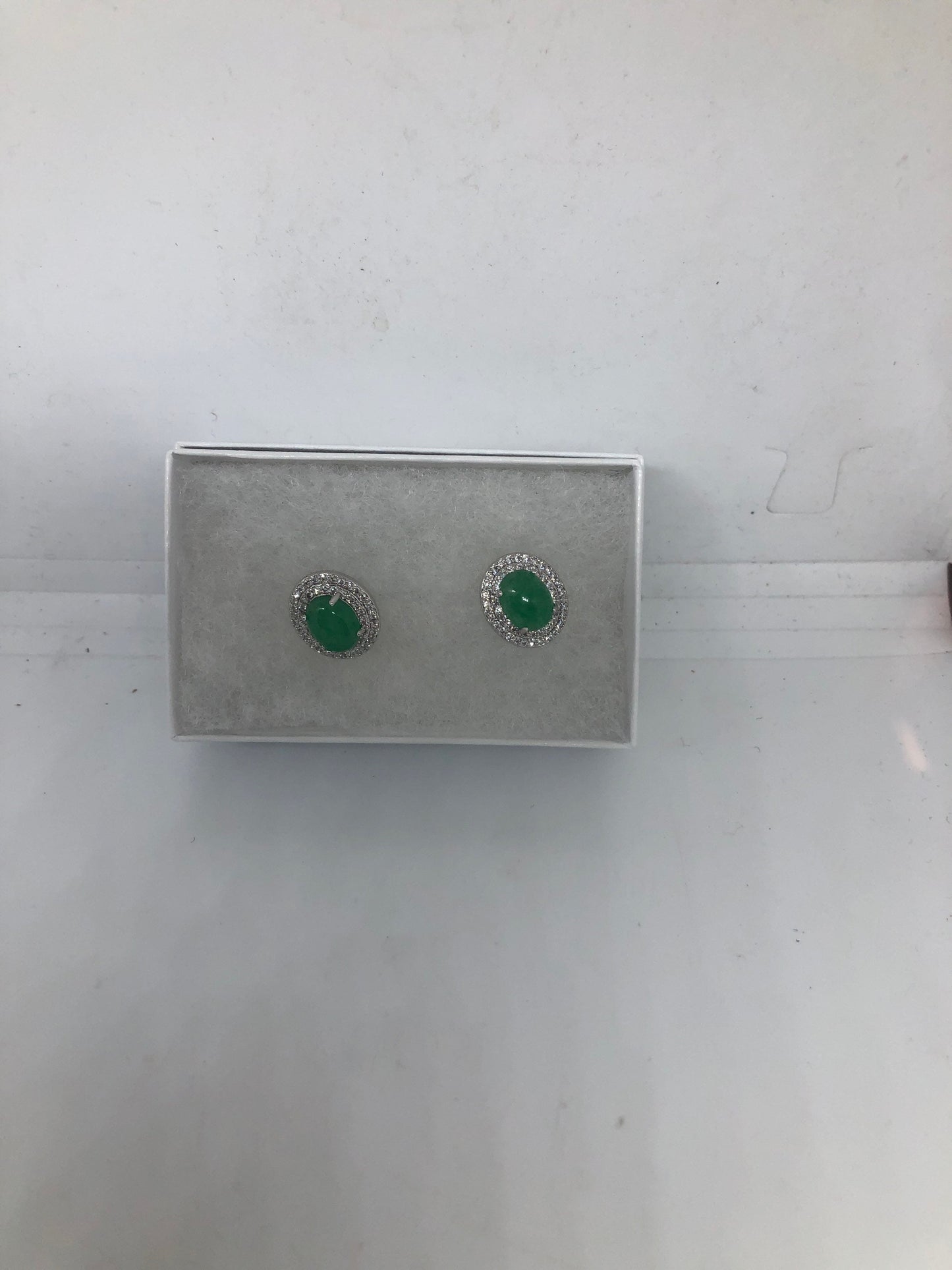 Vintage Fun Green Jade Gemstone Silver Bronze Stud Earrings