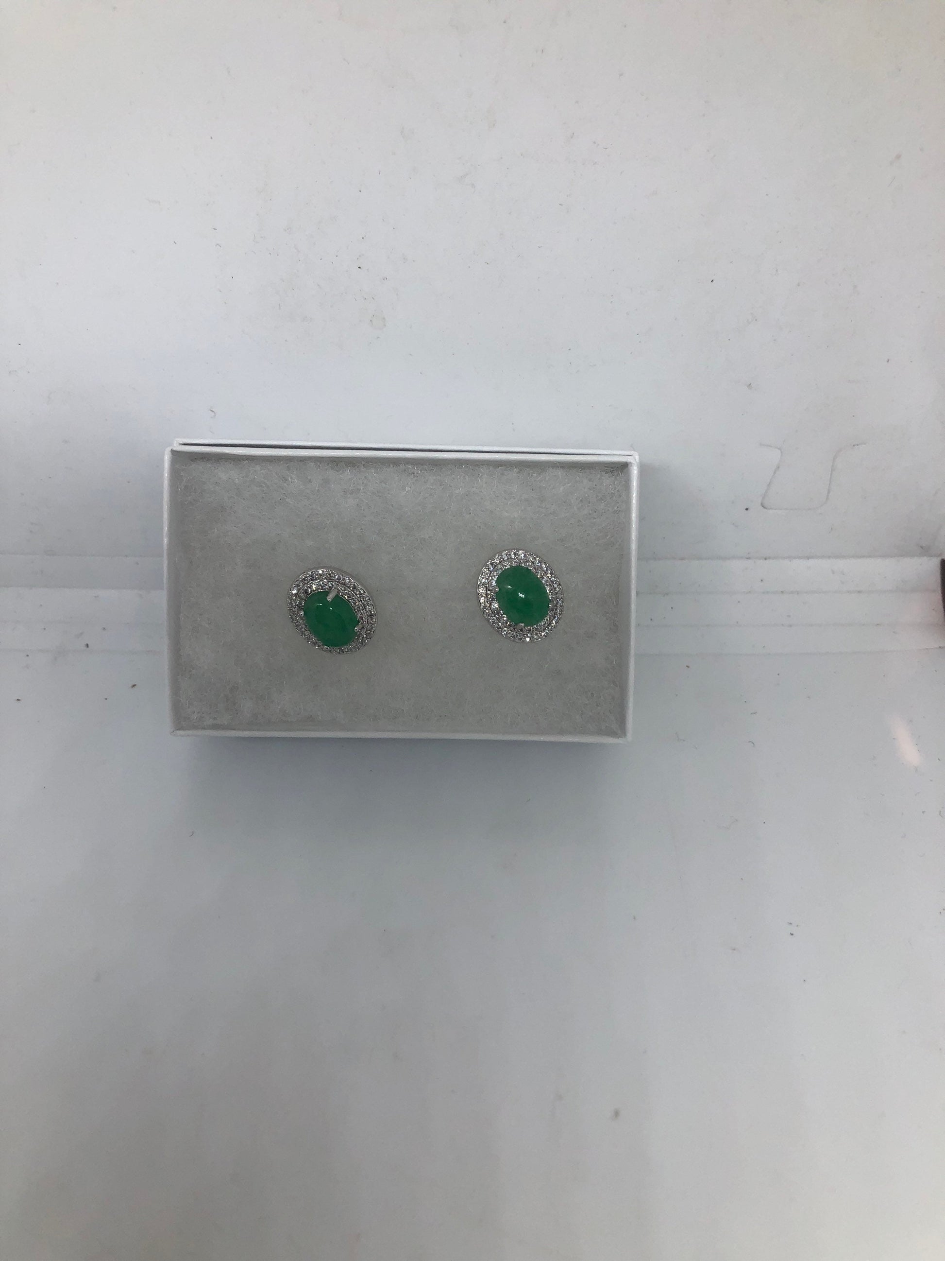 Vintage Fun Green Jade Gemstone Silver Bronze Stud Earrings