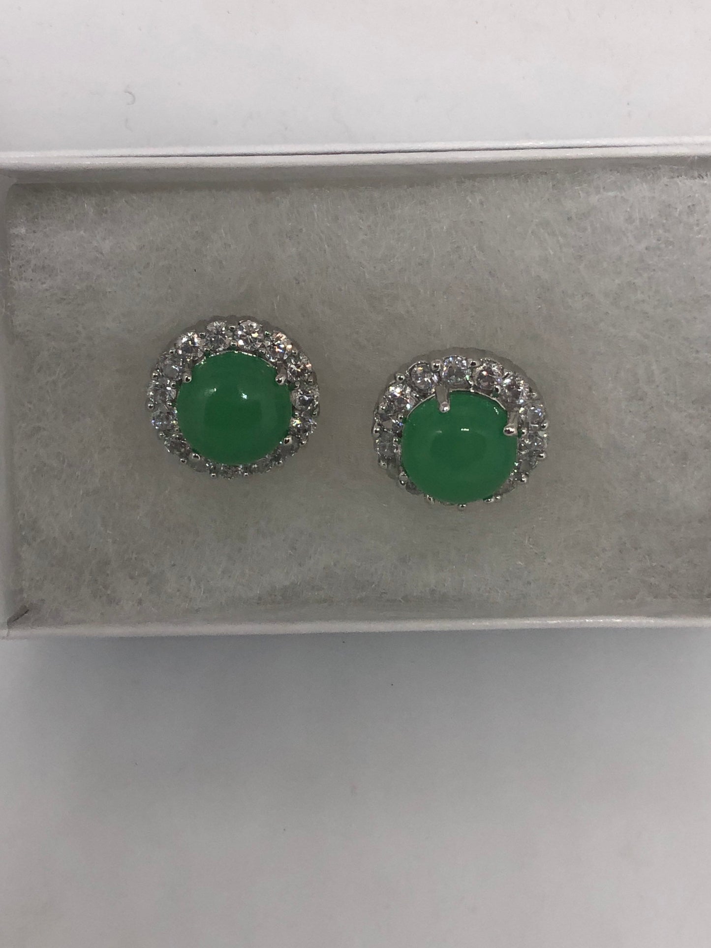 Vintage Fun Green Jade Gemstone Silver Bronze Stud Earrings