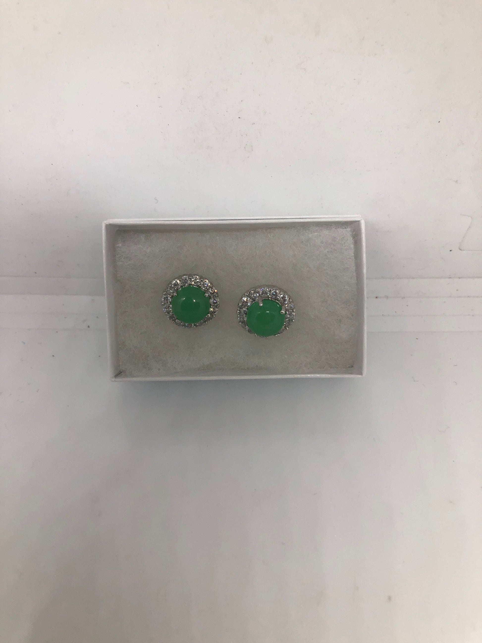 Vintage Fun Green Jade Gemstone Silver Bronze Stud Earrings