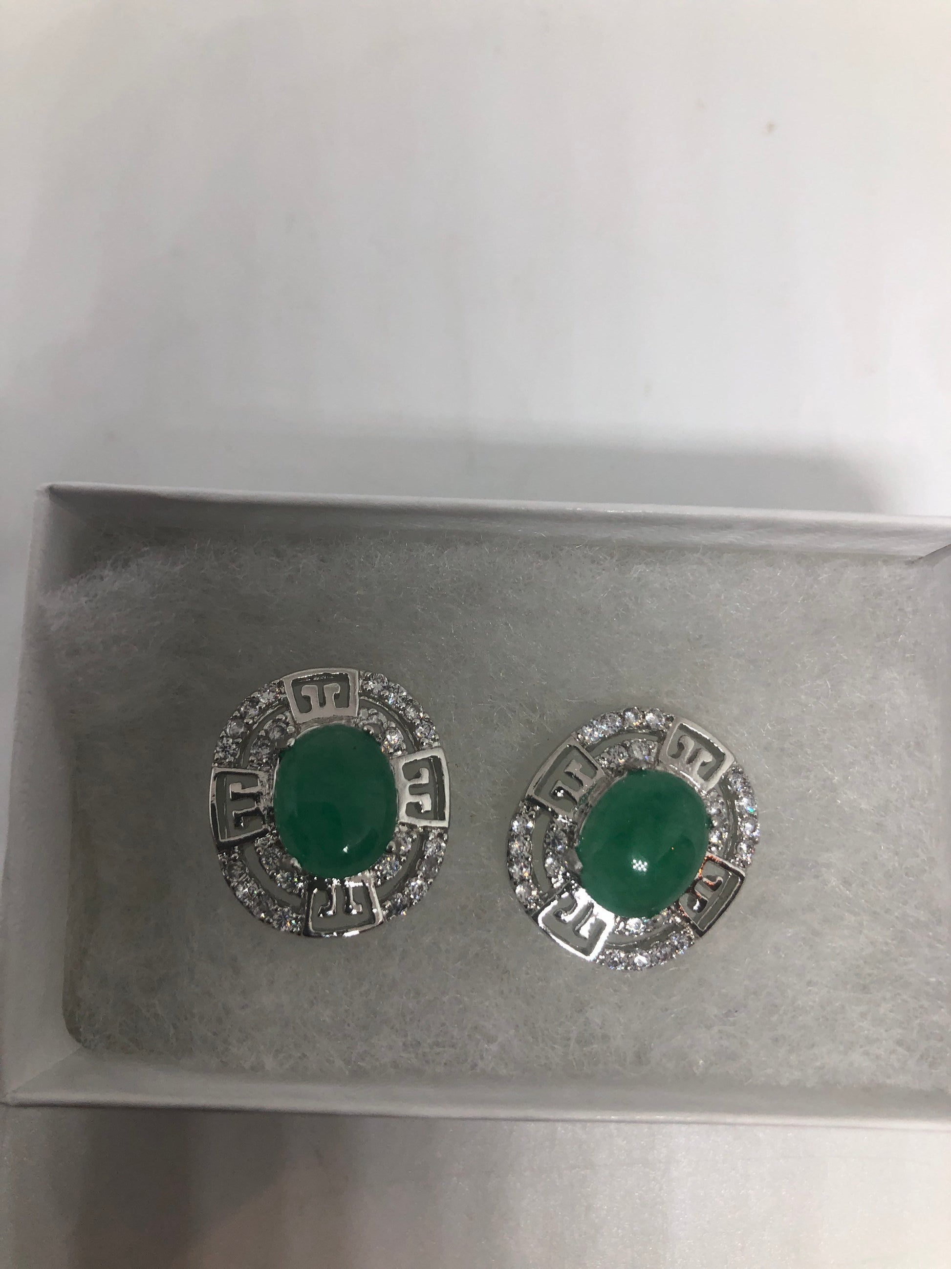 Vintage Fun Green Jade Gemstone Silver Bronze Stud Earrings