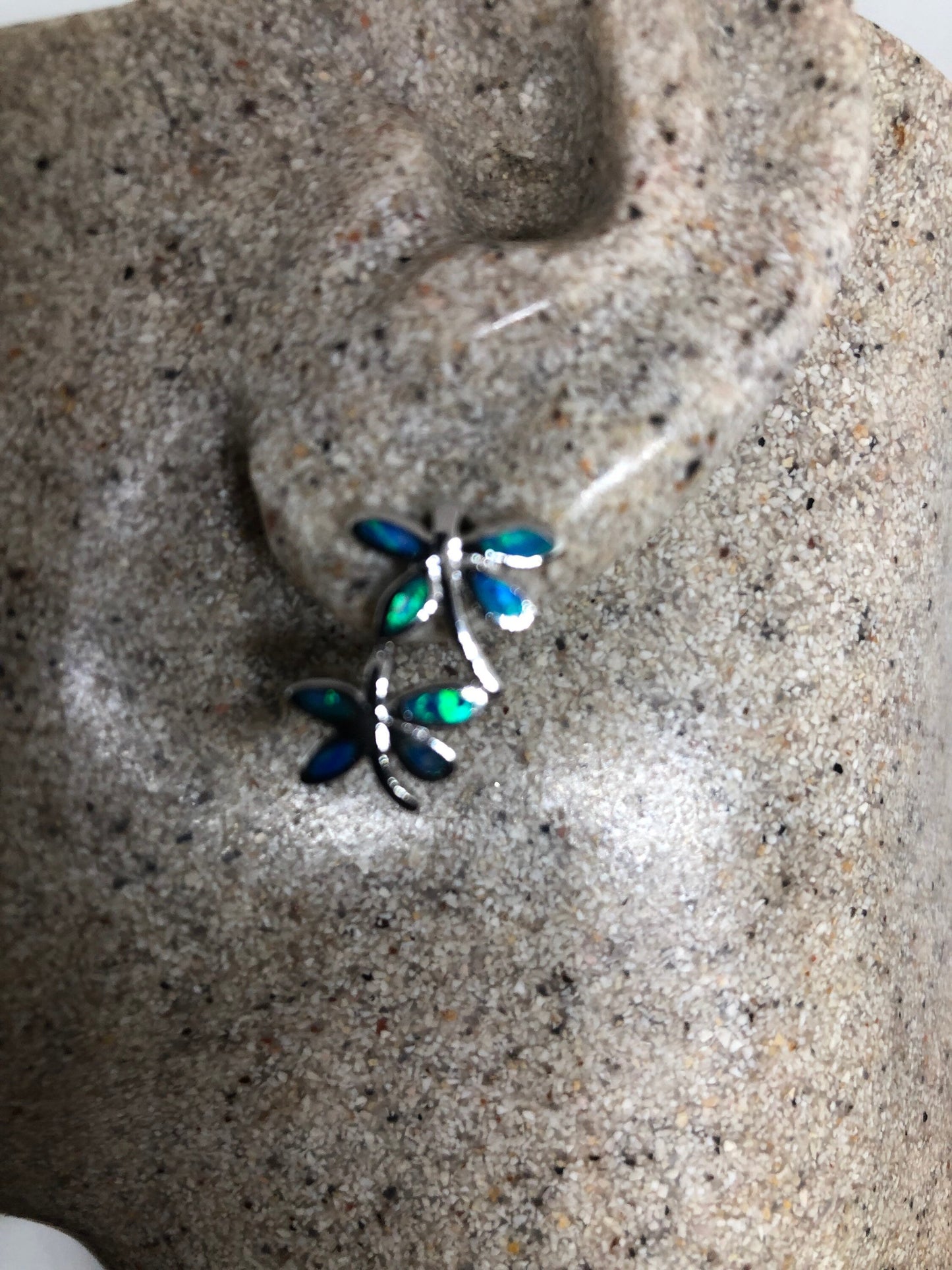 Vintage Blue Opal Dragonfly Earrings 925 Sterling Silver Stud Button