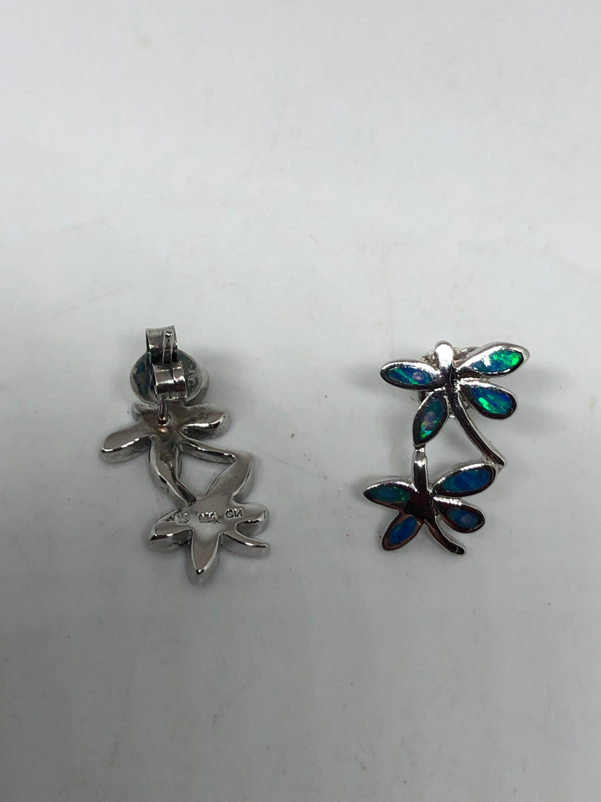 Vintage Blue Opal Dragonfly Earrings 925 Sterling Silver Stud Button