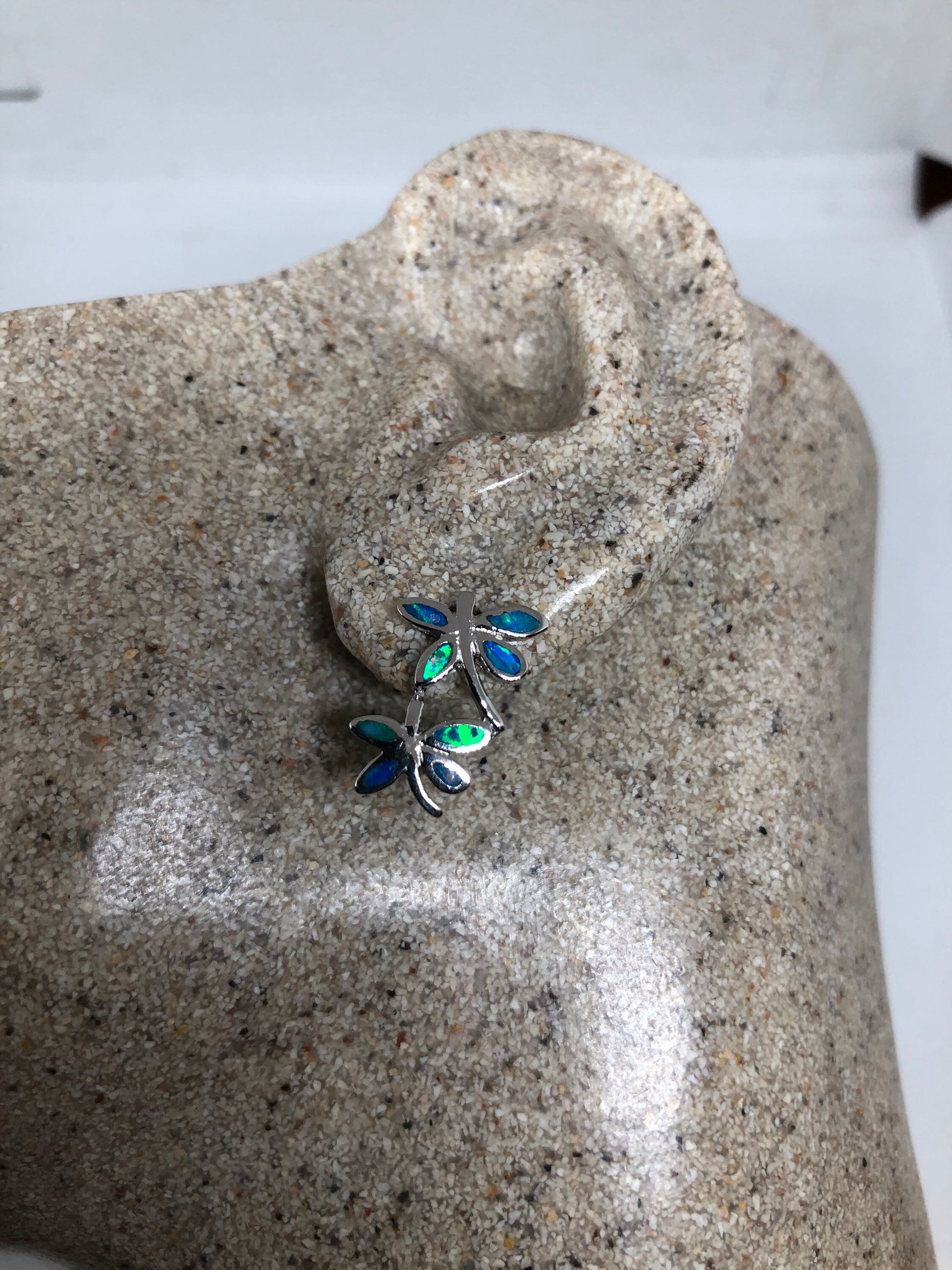 Vintage Blue Opal Dragonfly Earrings 925 Sterling Silver Stud Button