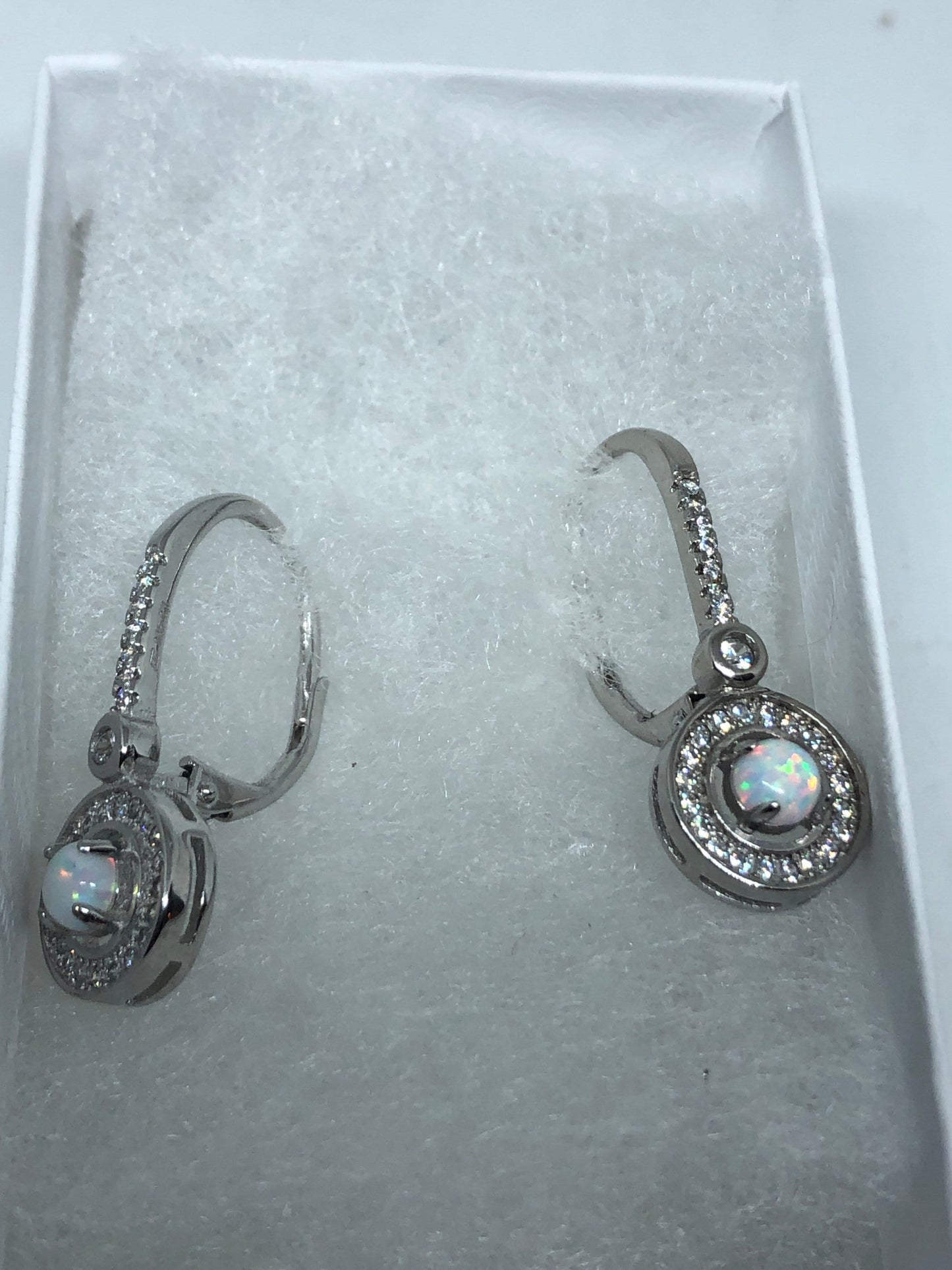 Vintage White Opal Earrings White Sapphire 925 Sterling Silver Dangle