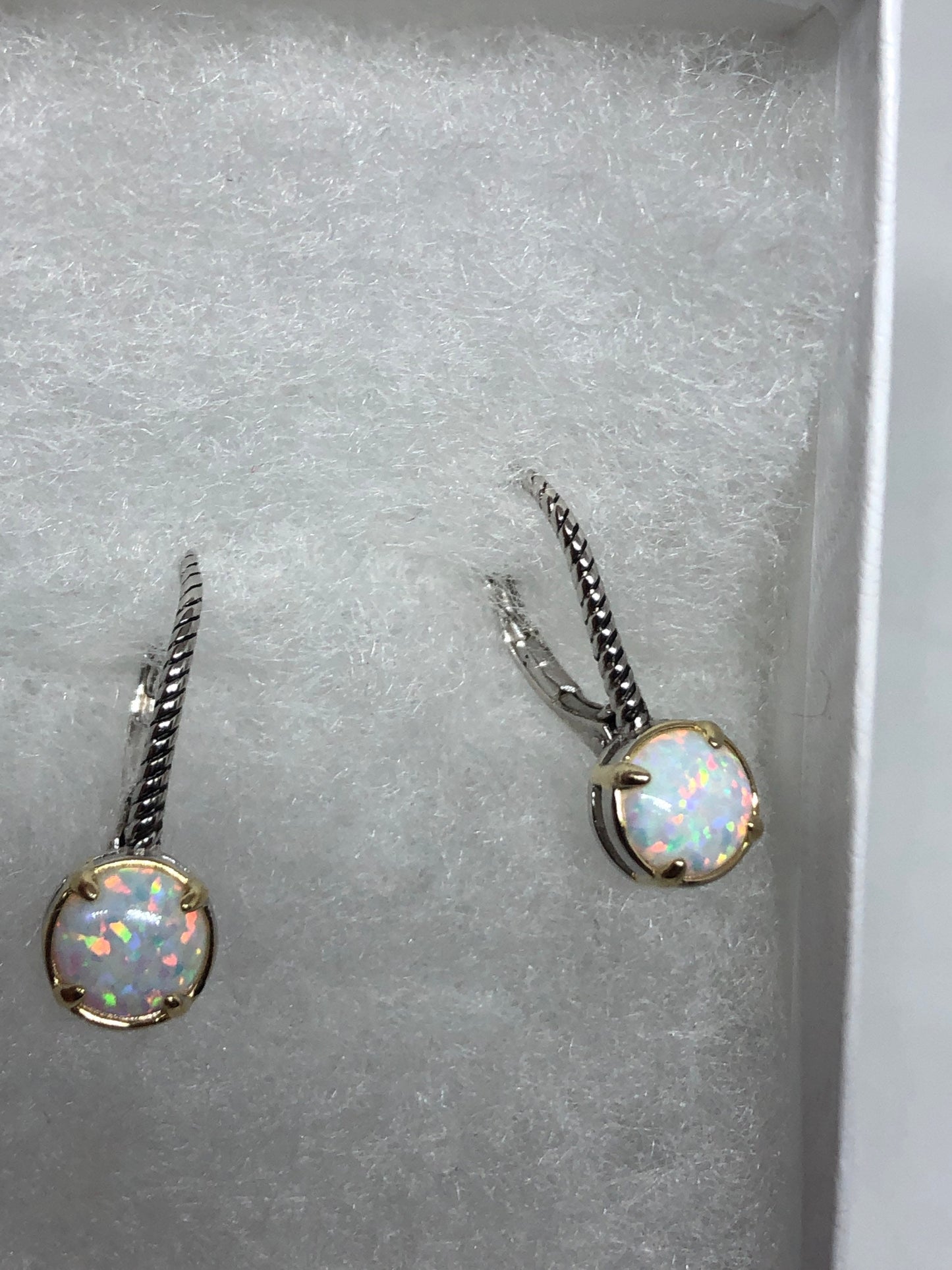 Vintage White Opal Earrings White Sapphire 925 Sterling Silver Dangle