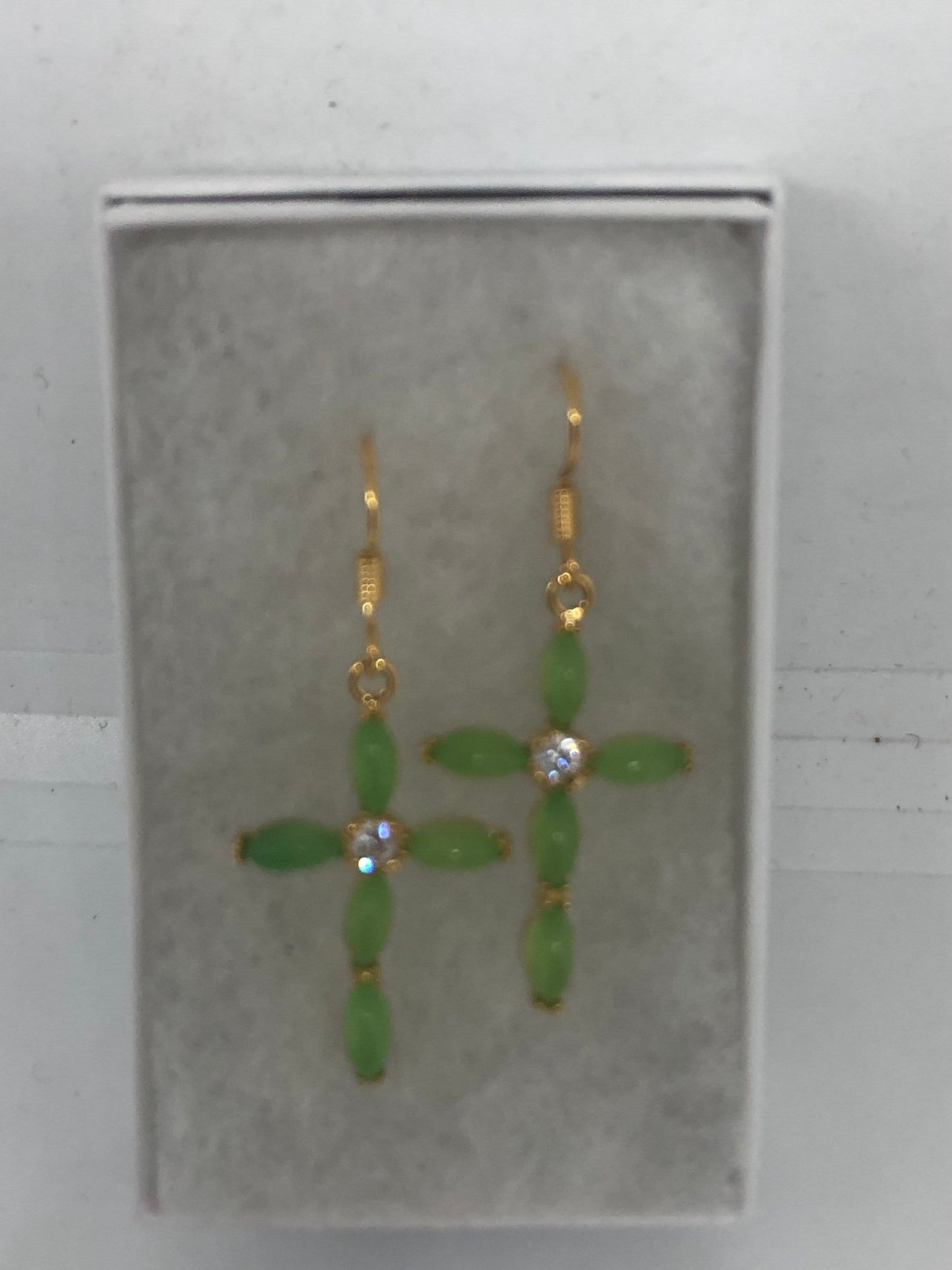 Vintage Gemstone Cross Earrings - Fun Green Jade Silver