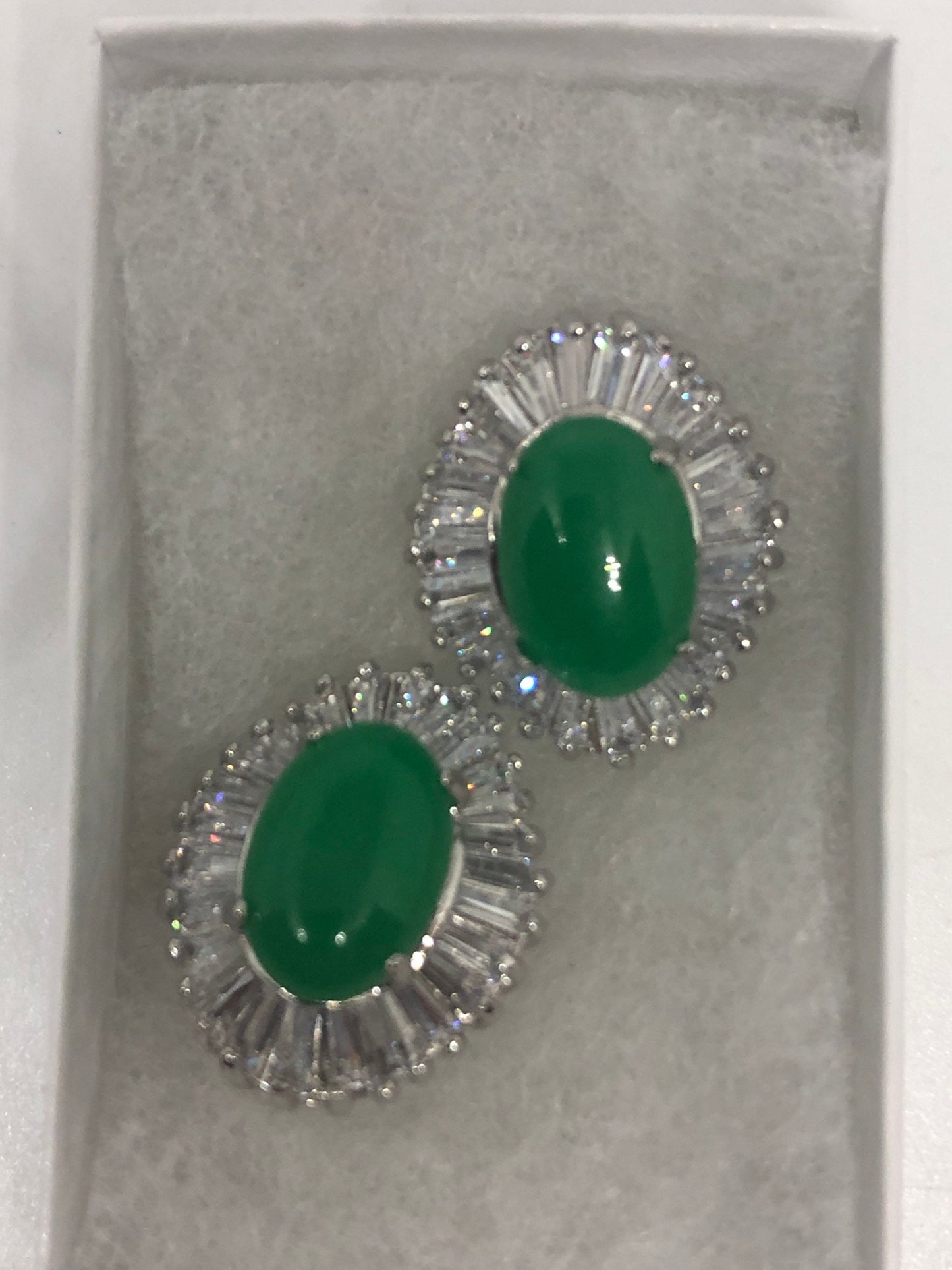 Vintage Fun Green Jade Gemstone Silver Bronze Stud Earrings