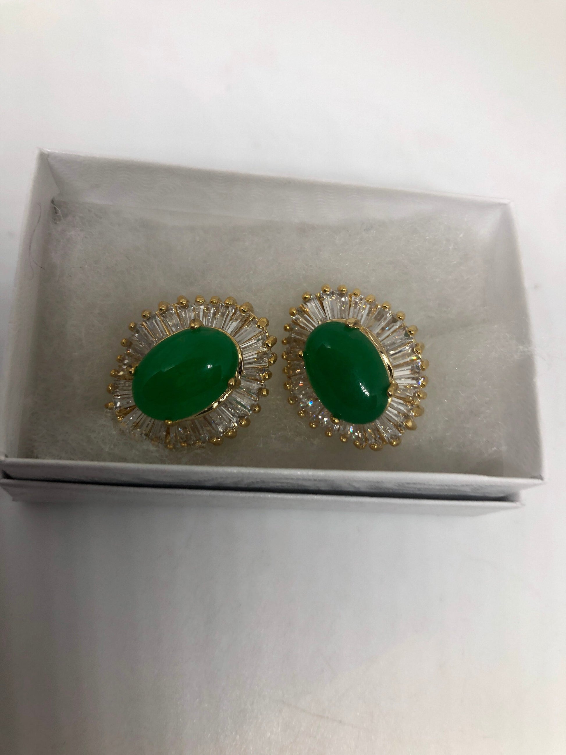 Vintage Fun Green Jade Gemstone Gold Rhodium Bronze Stud Earrings