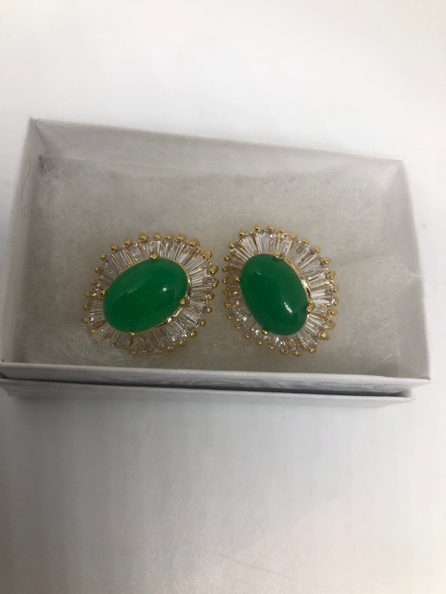 Vintage Fun Green Jade Gemstone Gold Rhodium Bronze Stud Earrings