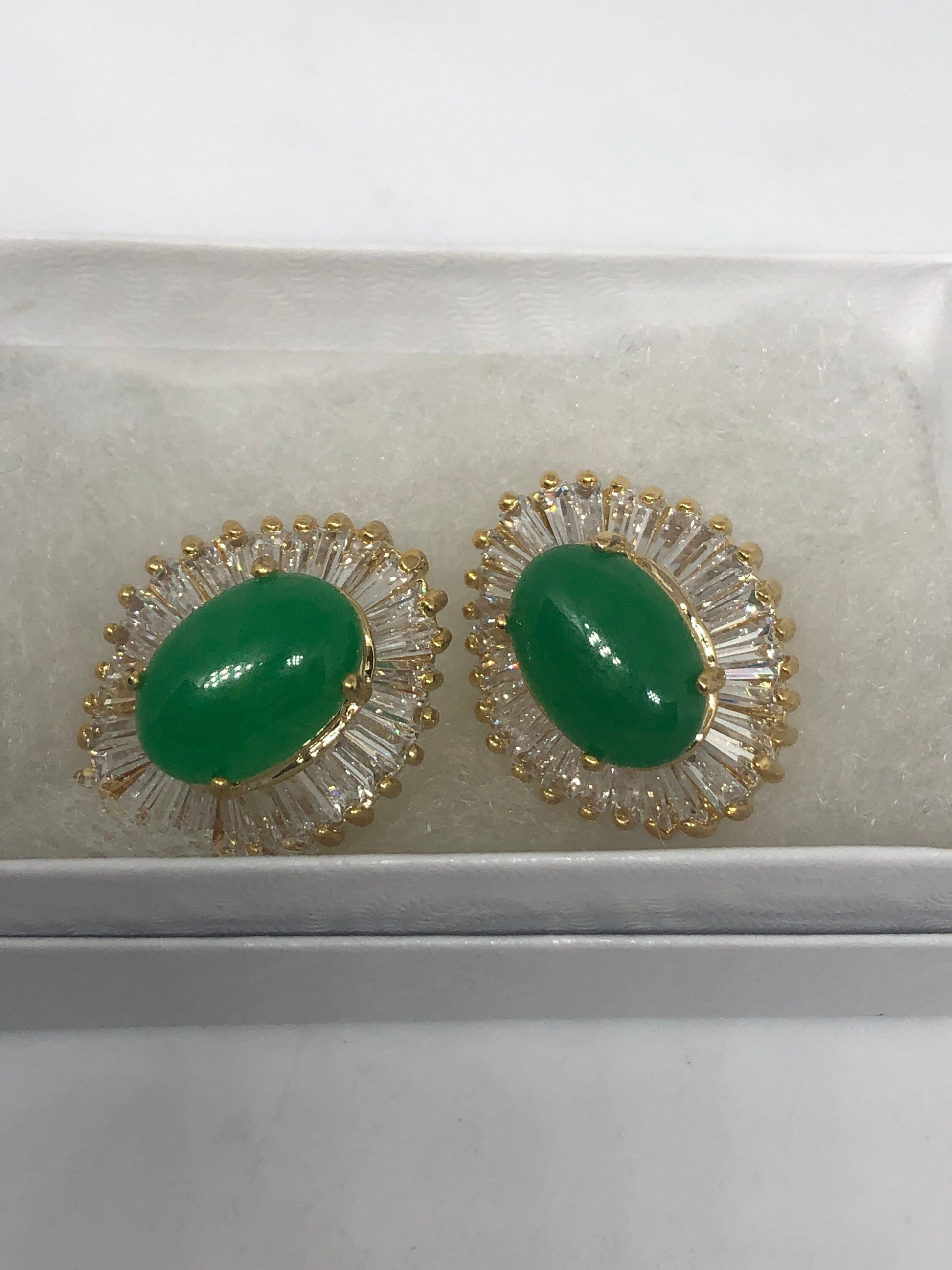 Vintage Fun Green Jade Gemstone Gold Rhodium Bronze Stud Earrings