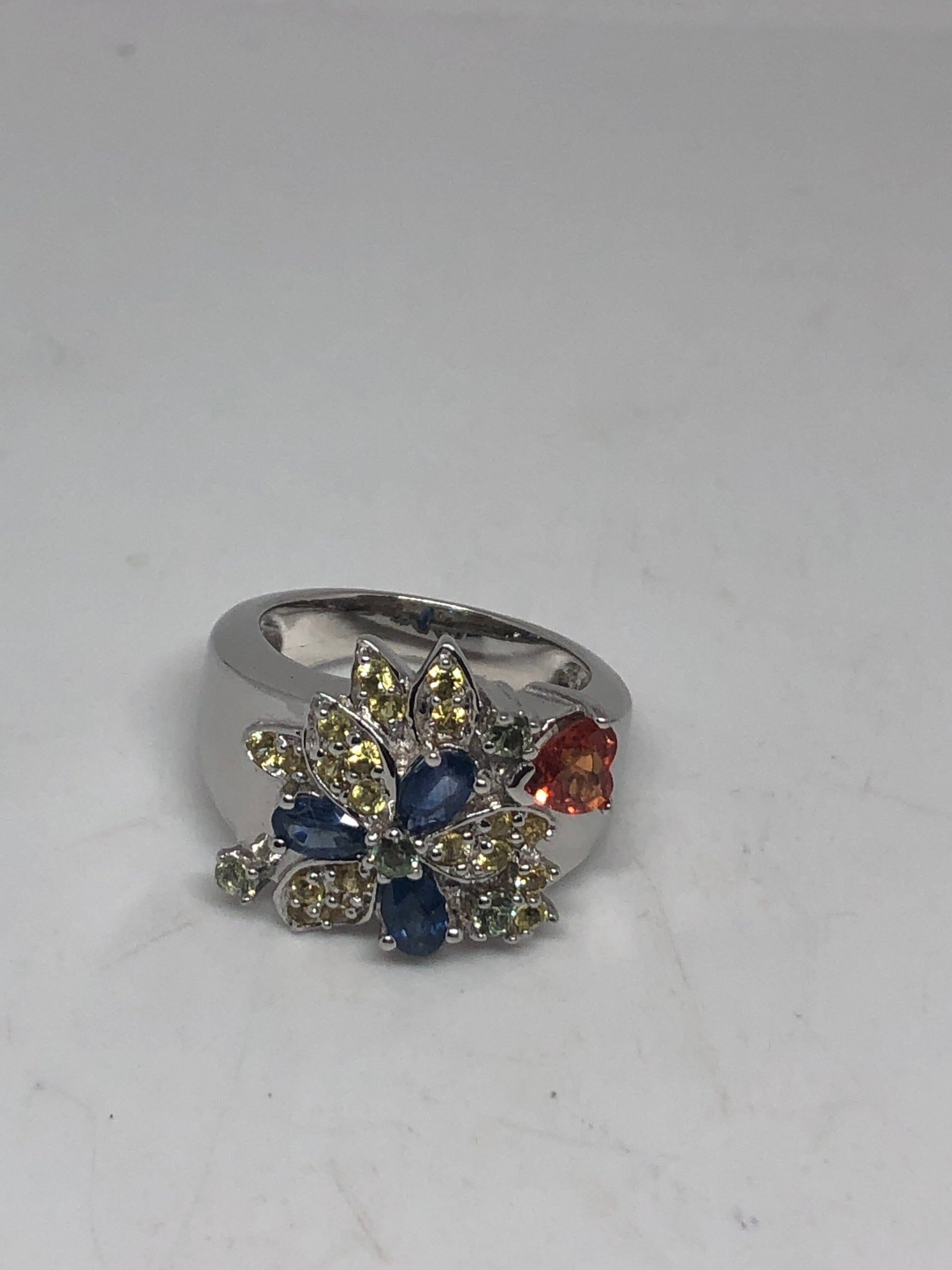 Vintage Blue Sapphire, White Sapphire Garnet Heart and Citrines Ring 925 Sterling Silver Size 7