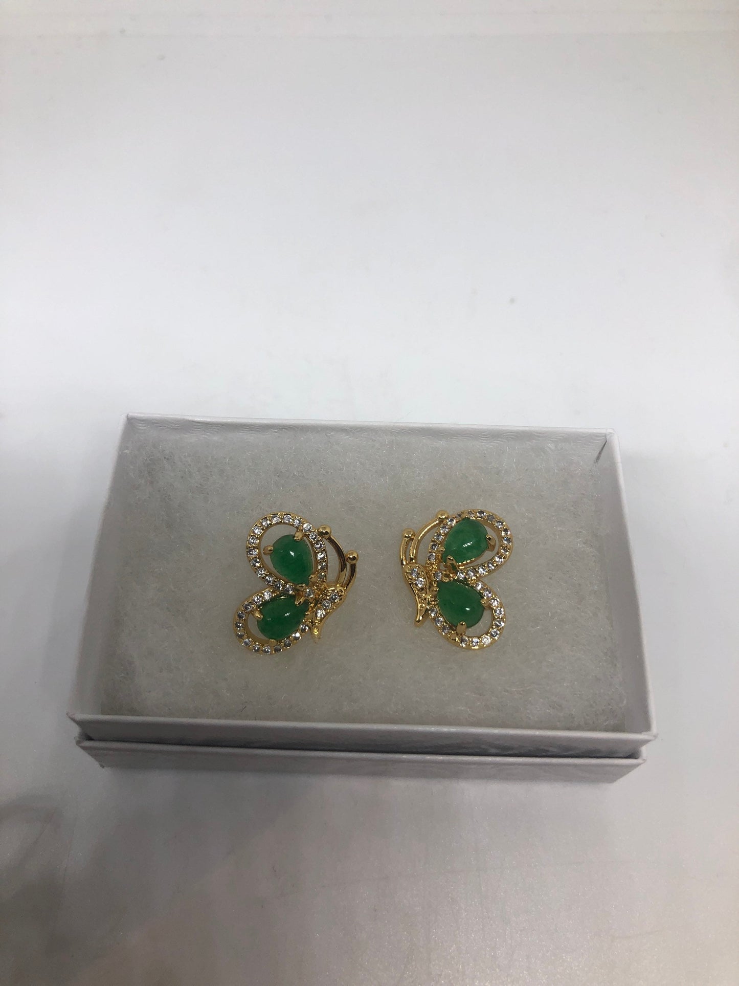 Vintage Fun Green Jade Gemstone Gold Rhodium Bronze Stud Earrings