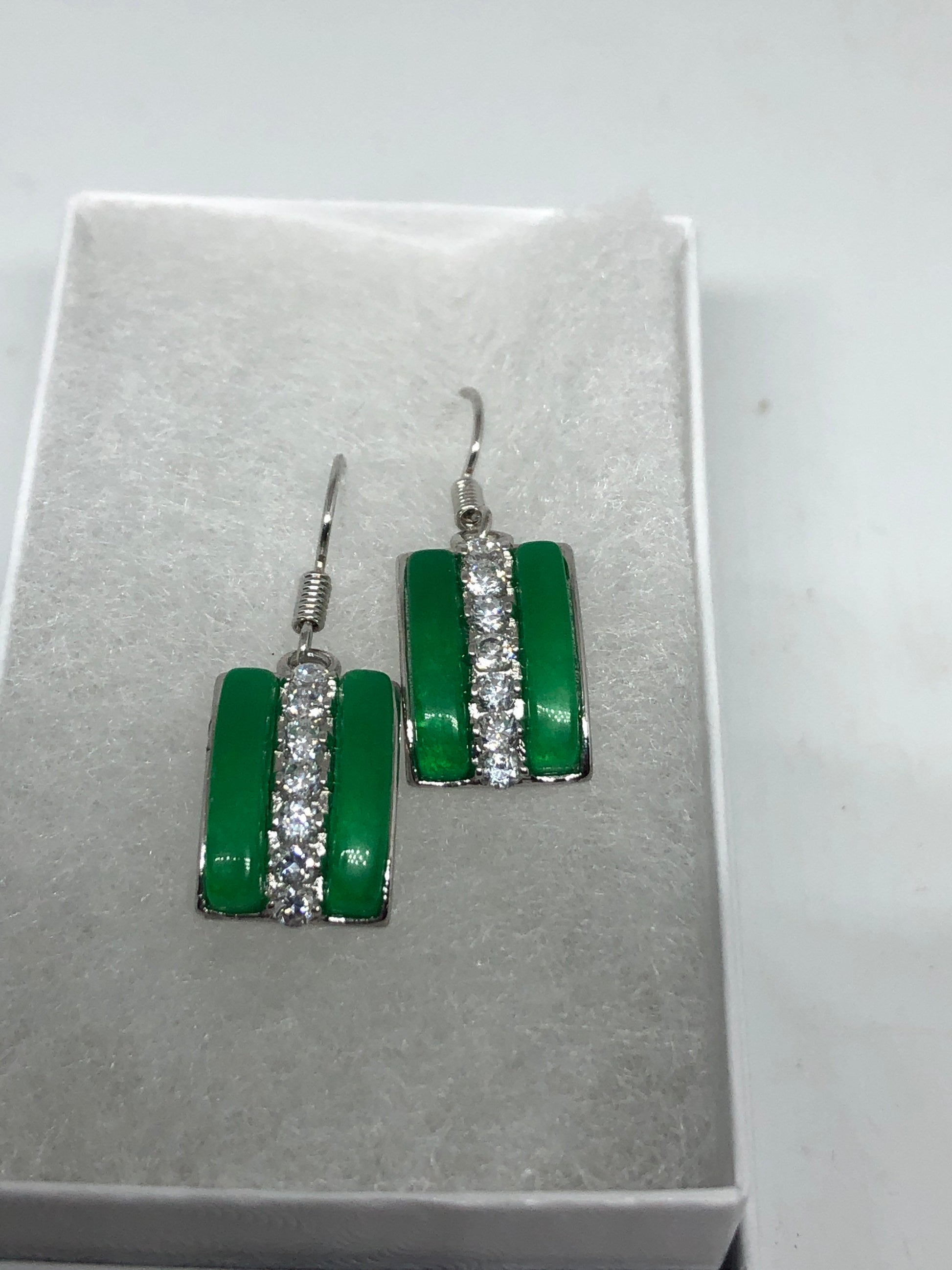 Vintage Fun Green Jade Gemstone Silver Bronze Earrings