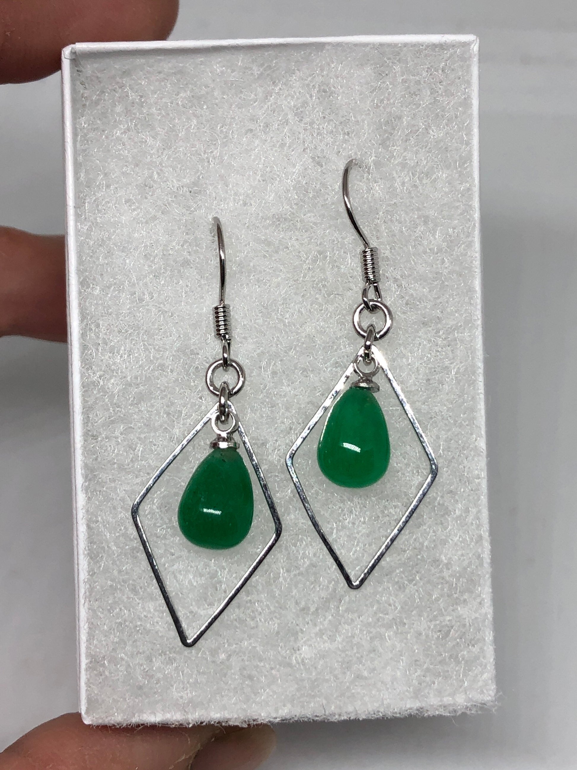 Vintage Fun Green Jade Gemstone Silver Bronze Earrings