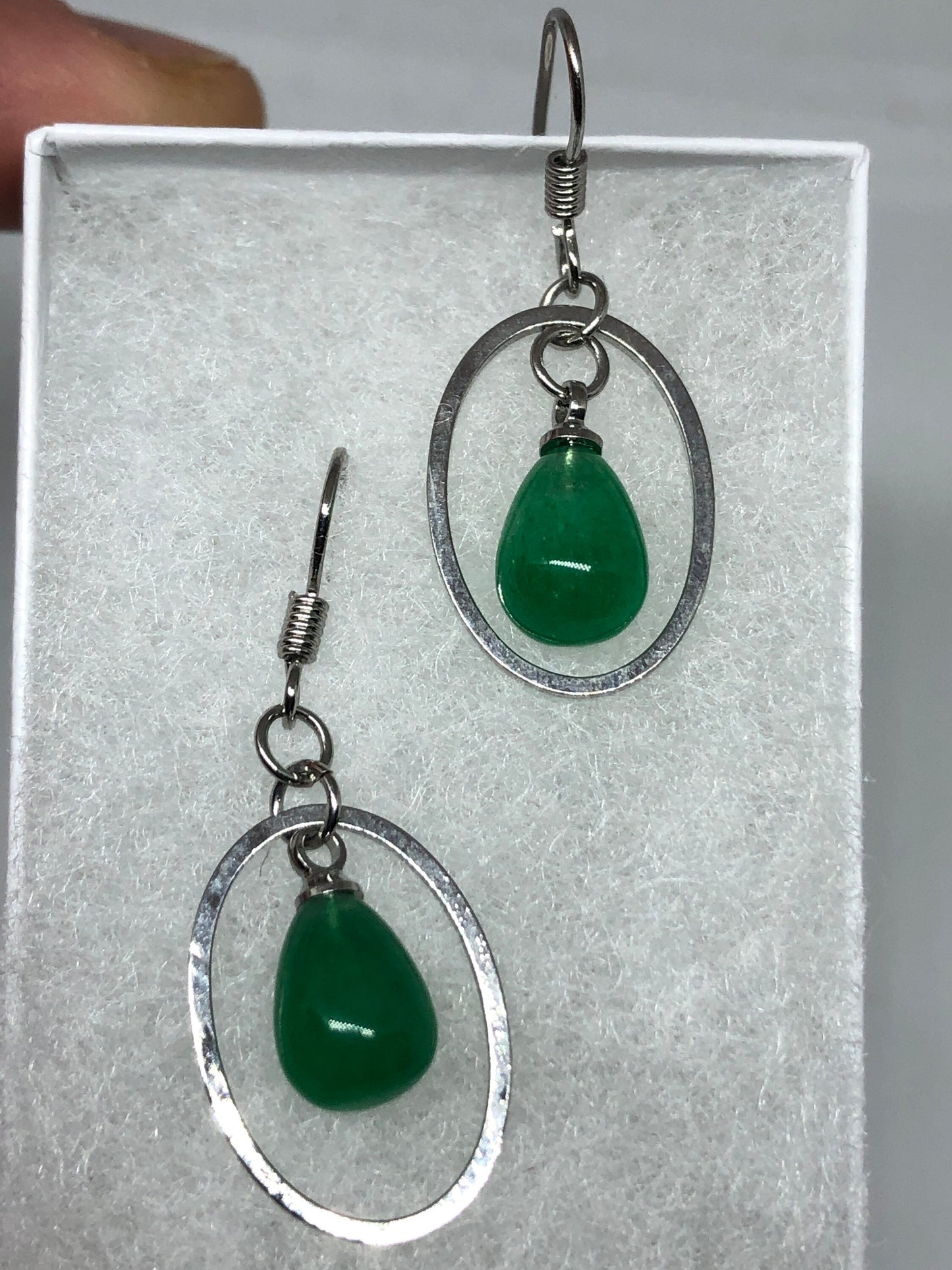 Vintage Fun Green Jade Gemstone Silver Bronze Earrings