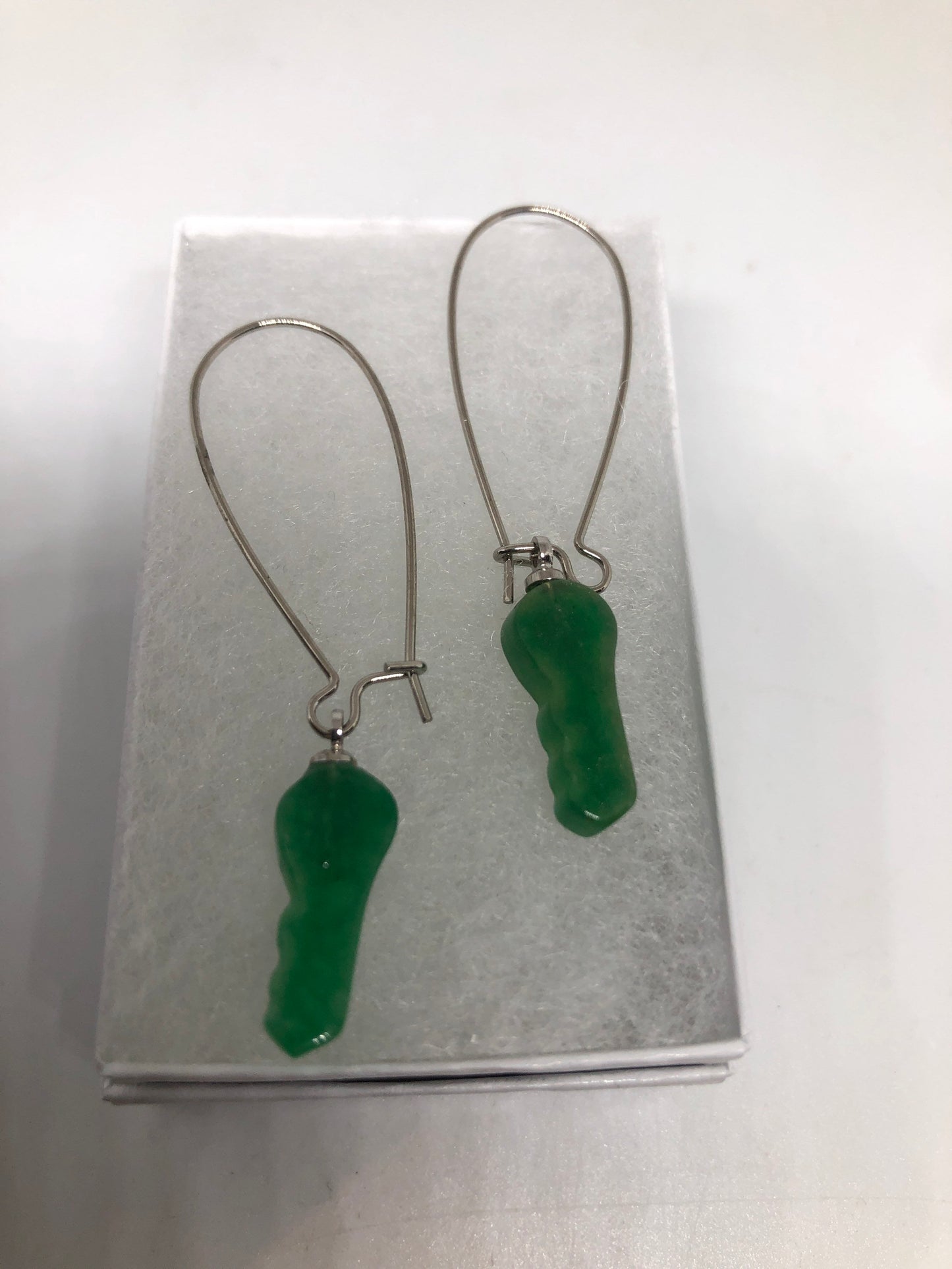 Vintage Fun Green Jade Gemstone Silver Bronze Earrings