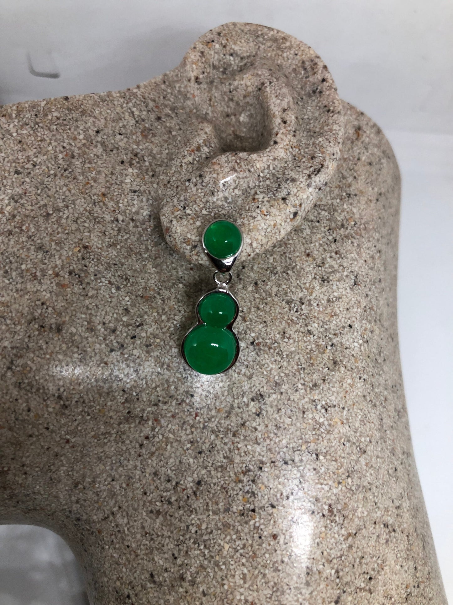 Vintage Fun Green Jade Gemstone Silver Bronze Earrings