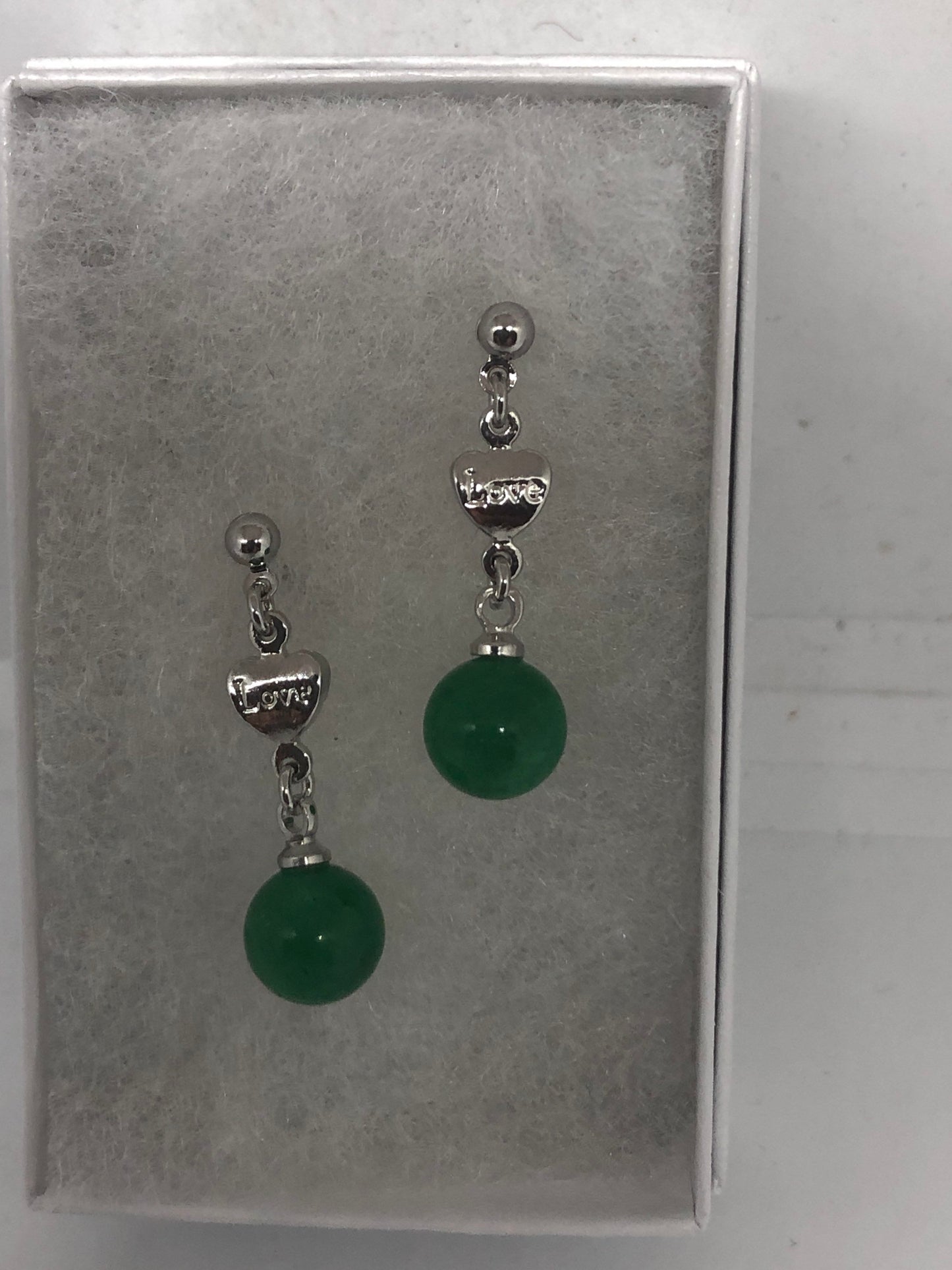 Vintage Fun Green Jade Gemstone Silver Bronze Earrings