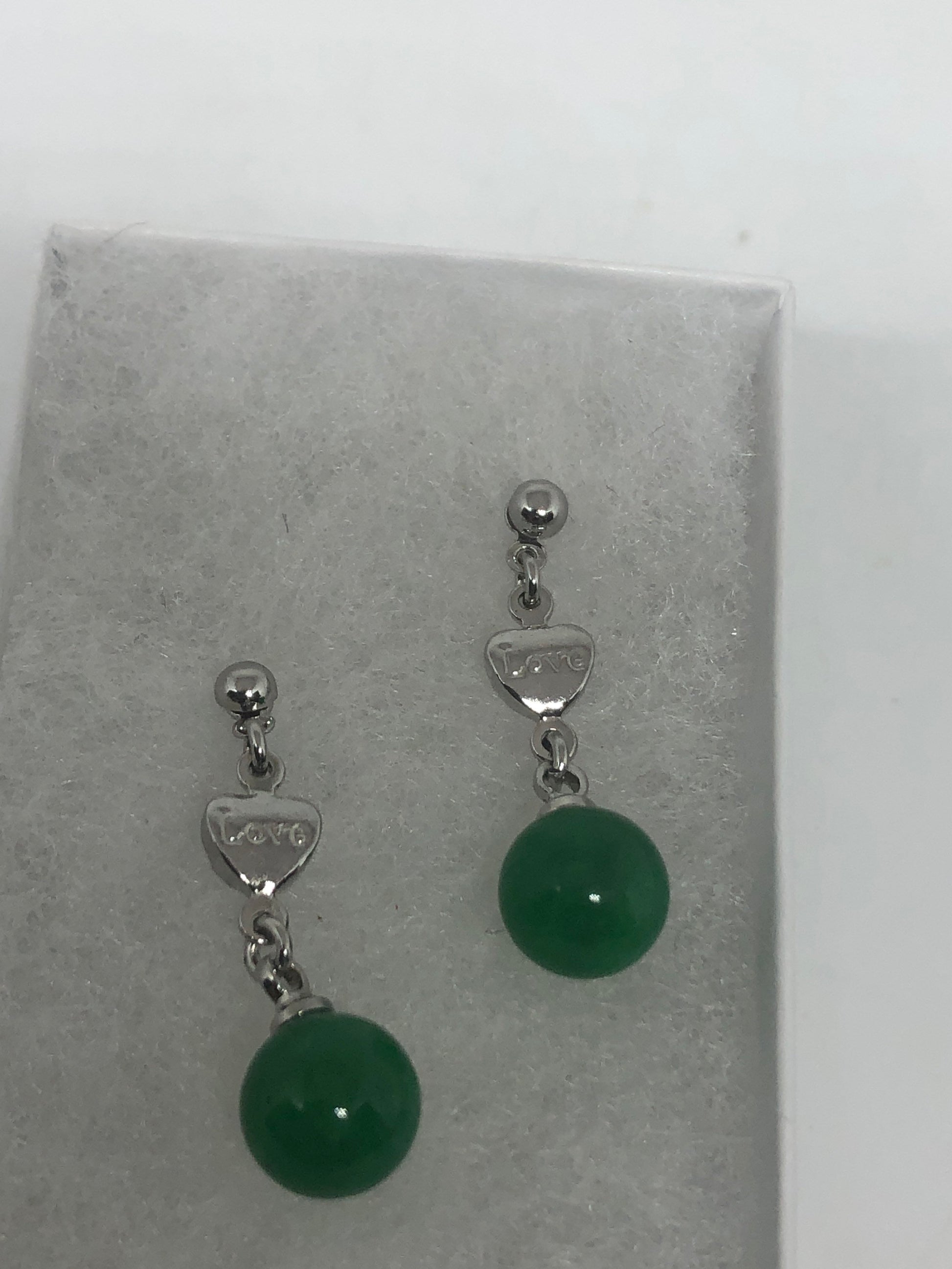 Vintage Fun Green Jade Gemstone Silver Bronze Earrings