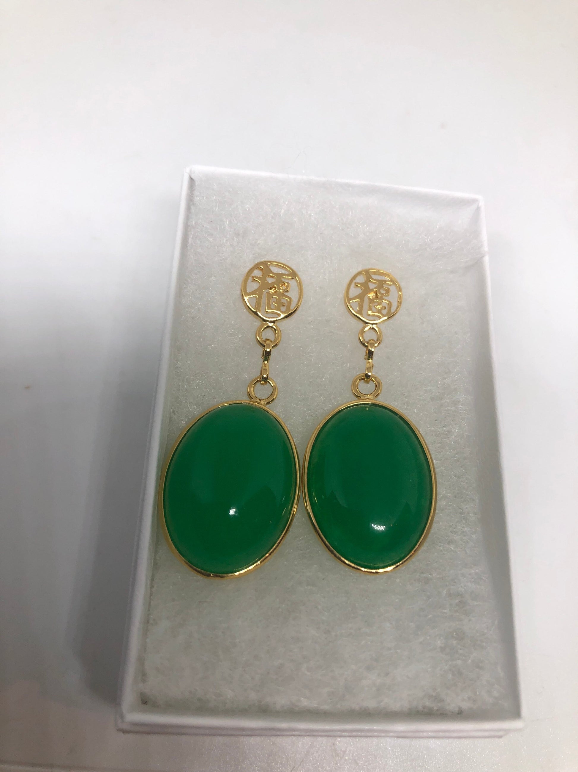 Vintage Fun Green Jade Gemstone Gold Rhodium Bronze Earrings