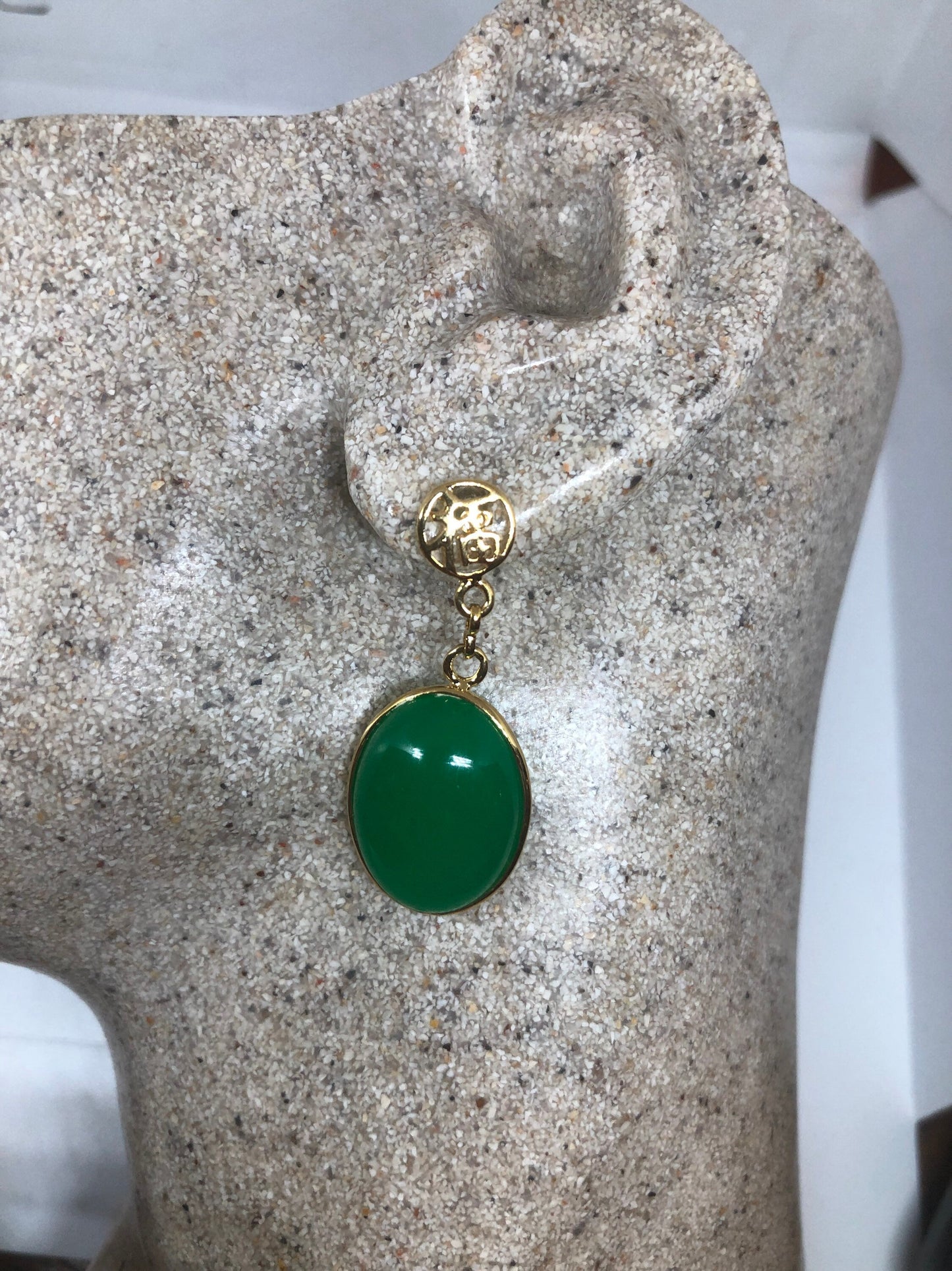 Vintage Fun Green Jade Gemstone Gold Rhodium Bronze Earrings