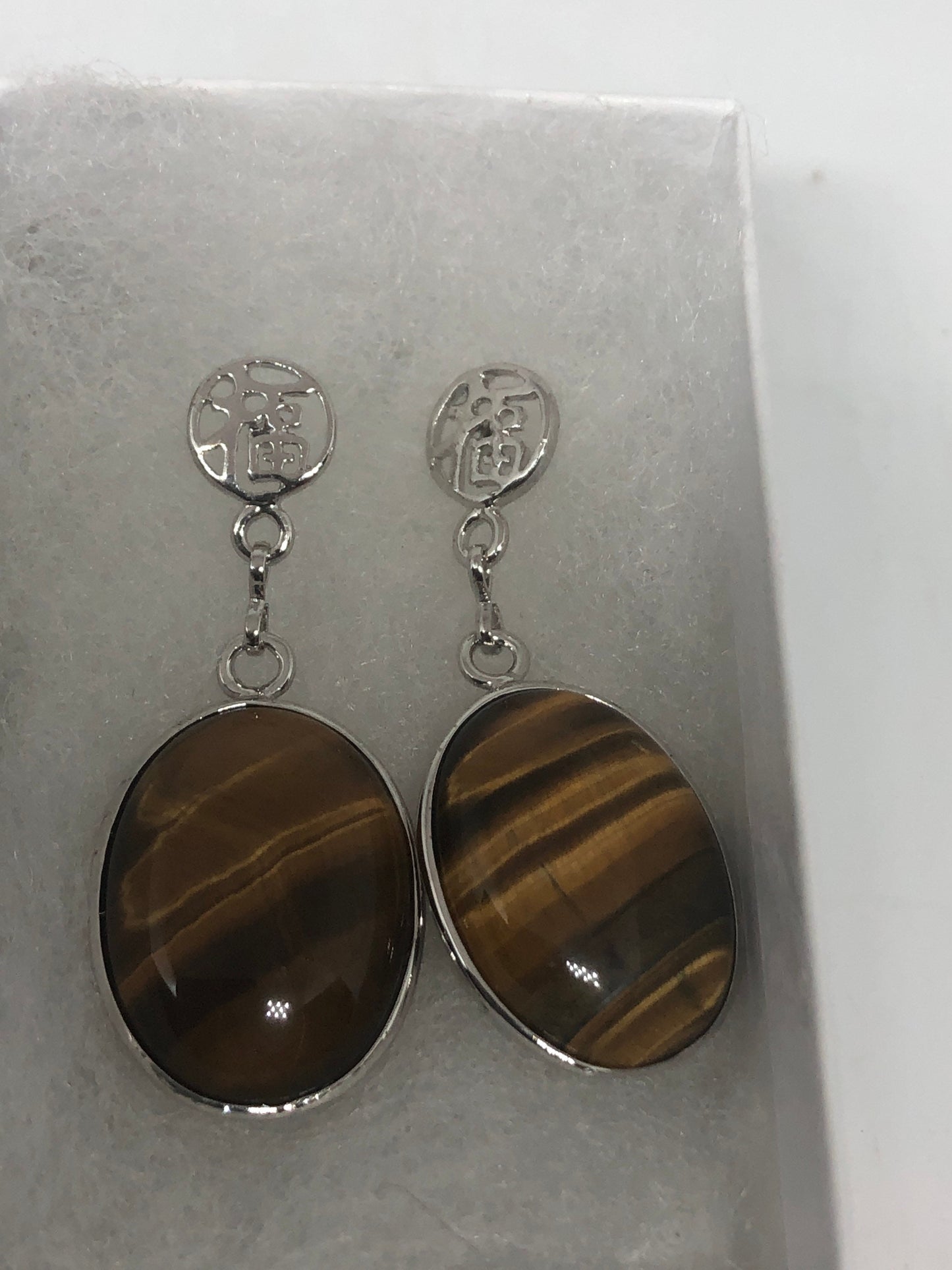 Antique Vintage Golden Tigers Eye Silver Dangle Earrings