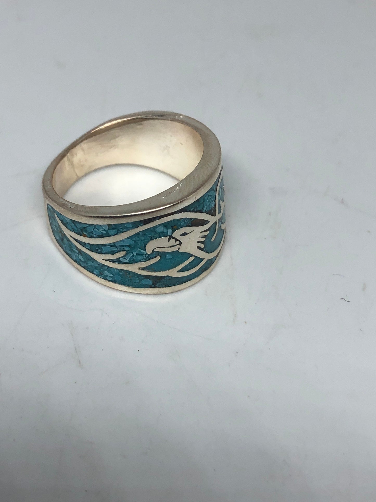 Vintage Native American Style Southwestern Turquoise Stone Inlay Mens Hawk Ring