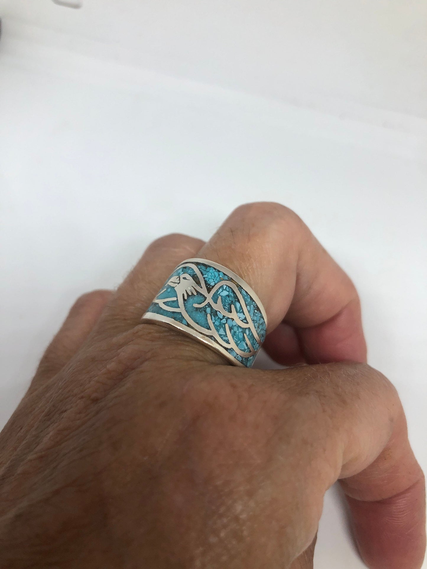 Vintage Native American Style Southwestern Turquoise Stone Inlay Mens Hawk Ring