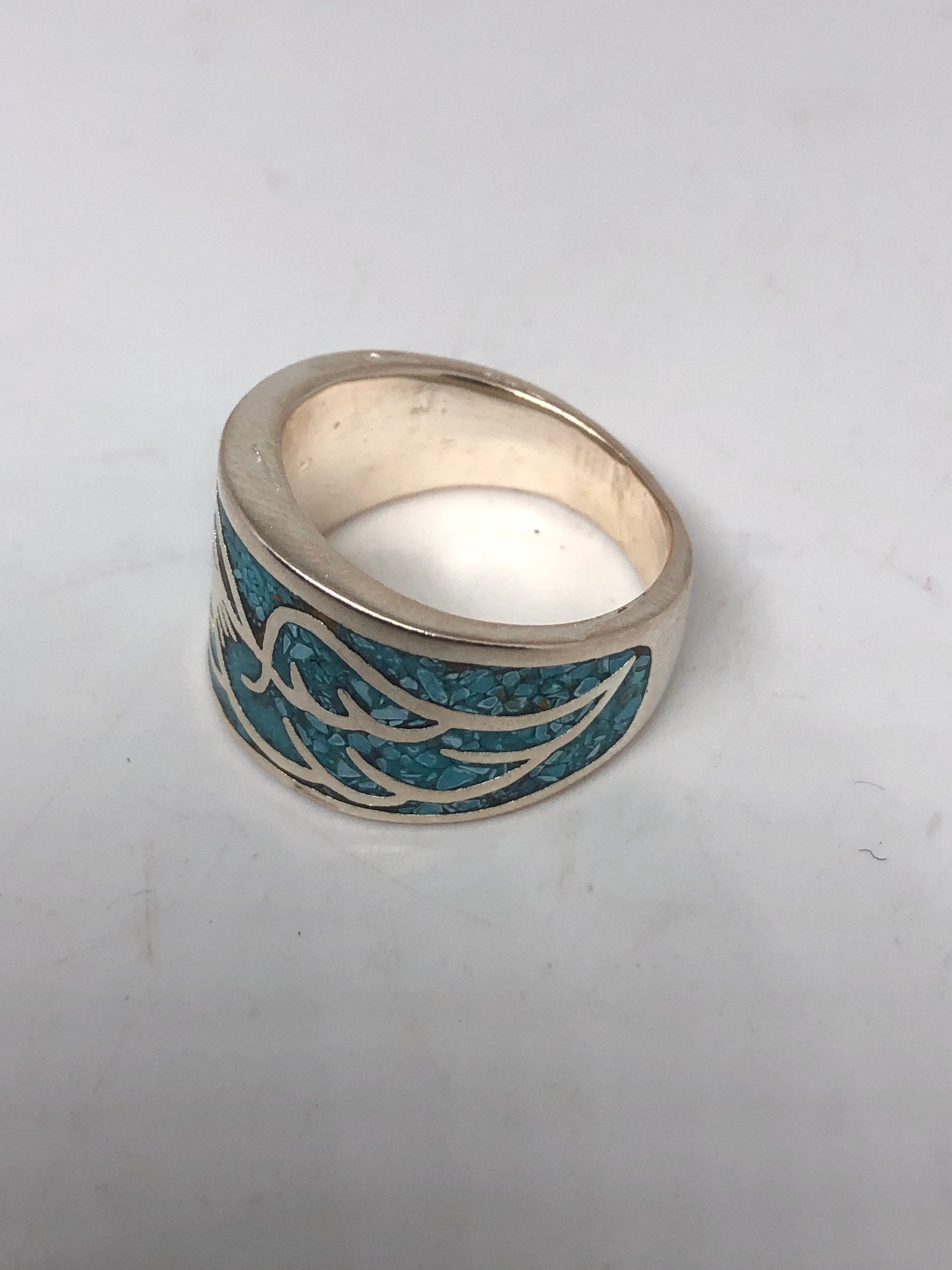 Vintage Native American Style Southwestern Turquoise Stone Inlay Mens Hawk Ring