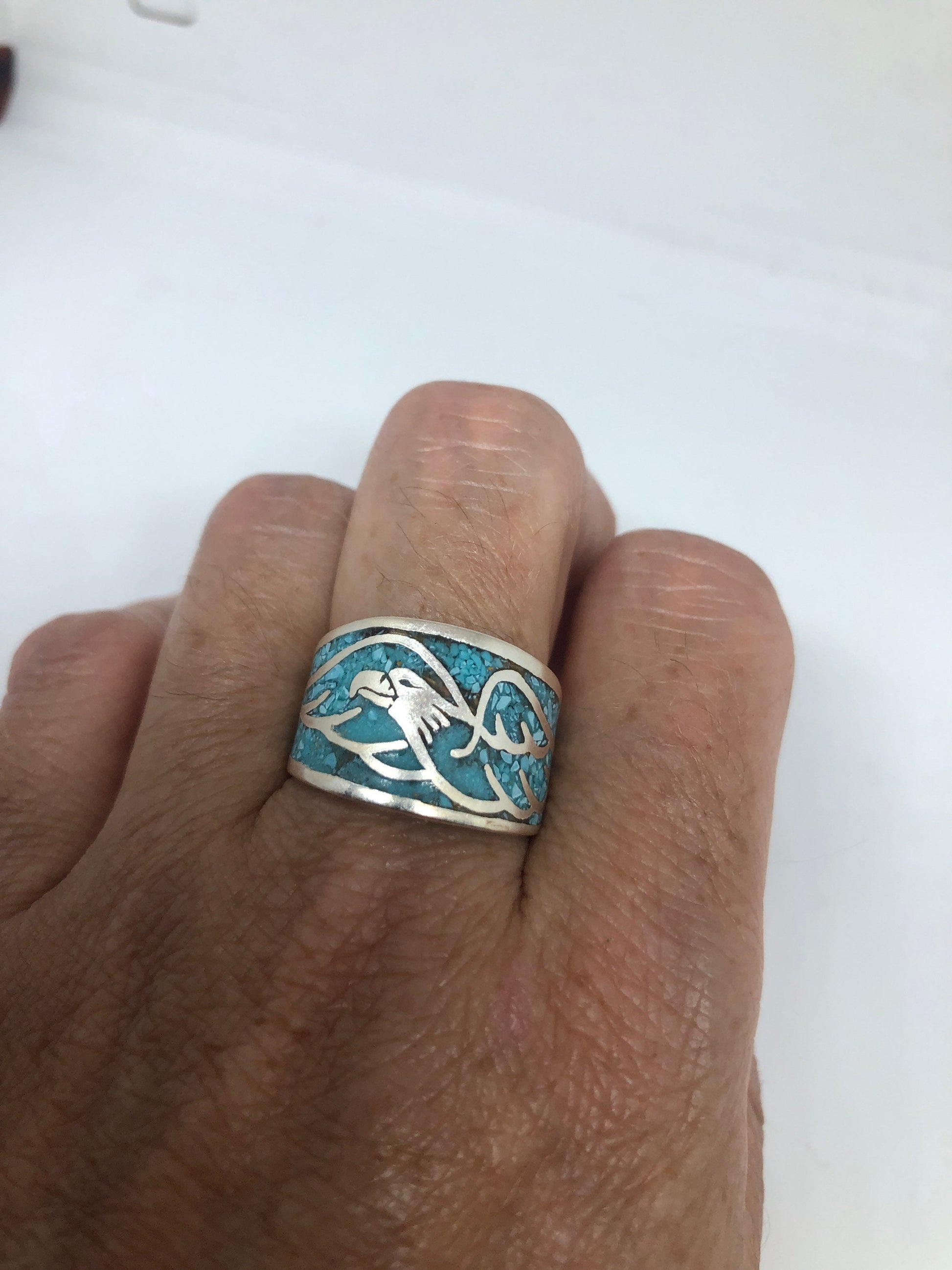 Vintage Native American Style Southwestern Turquoise Stone Inlay Mens Hawk Ring